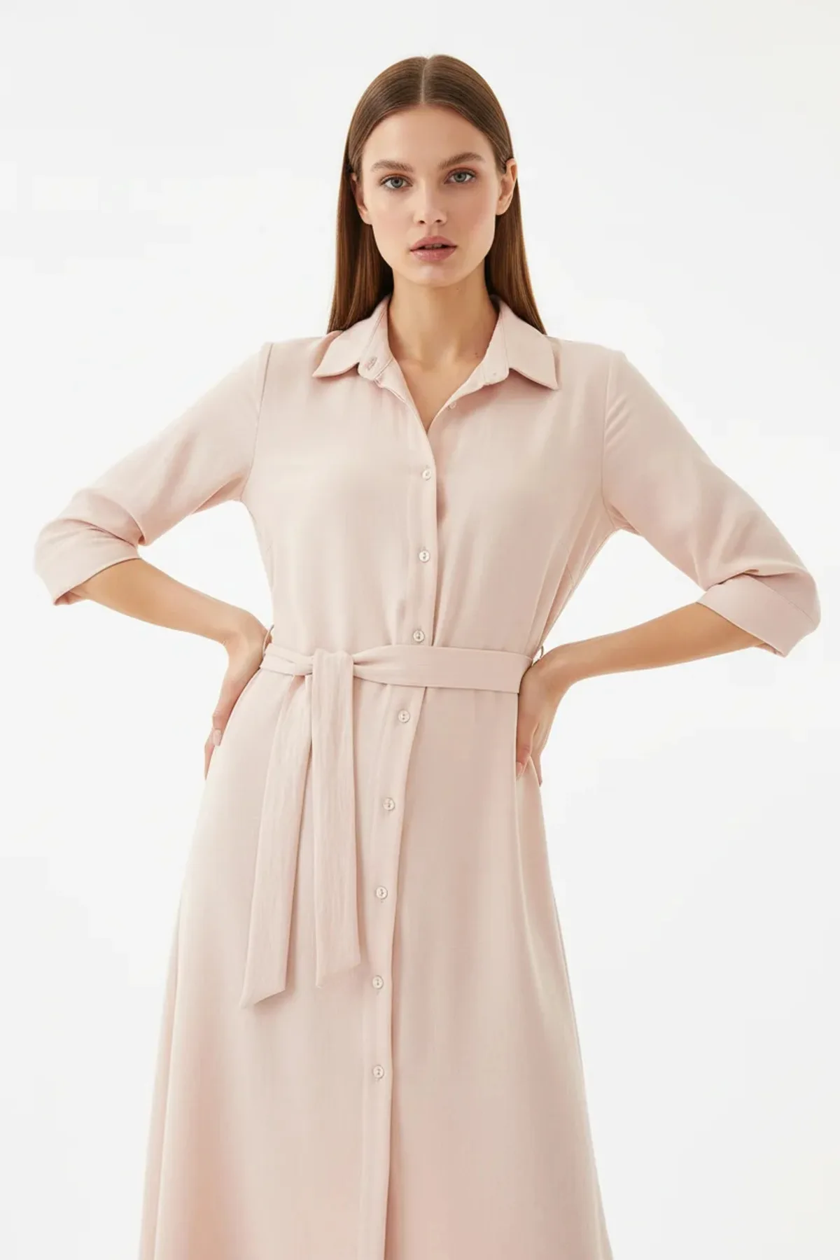 Kadın Kuşaklı Sıfır Kol Krem Elbise
