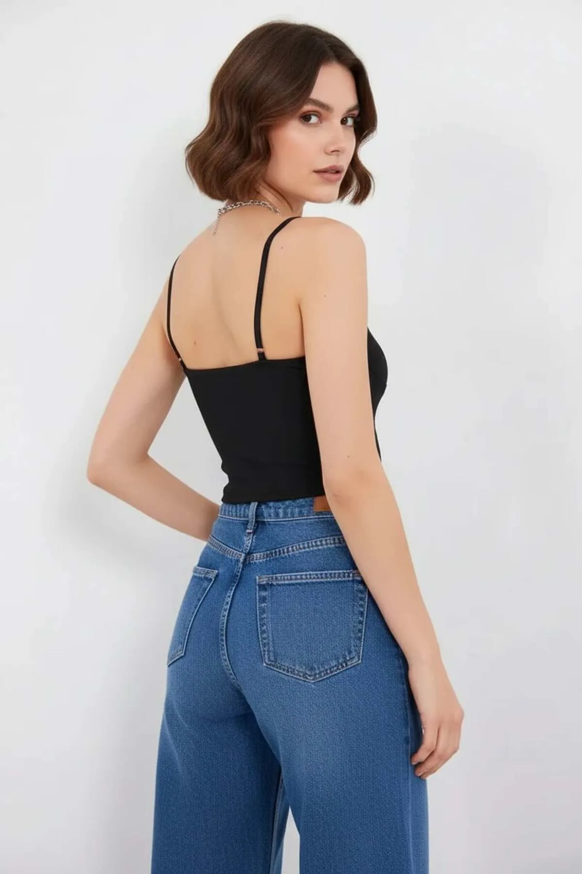Kadın Askılı Noktalı Desen Pamuklu Siyah Crop Top