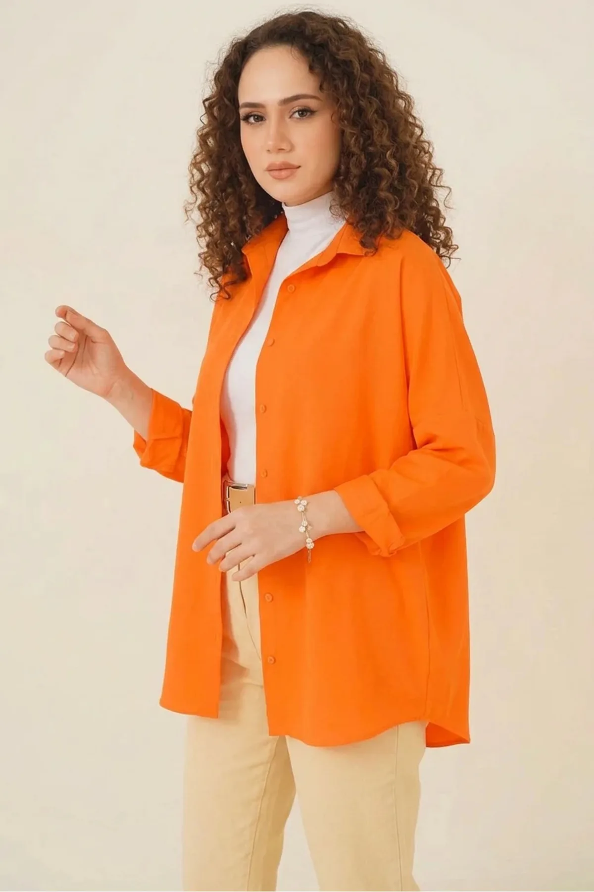 Kadın Oversize Basic Turuncu Tesettür Gömlek