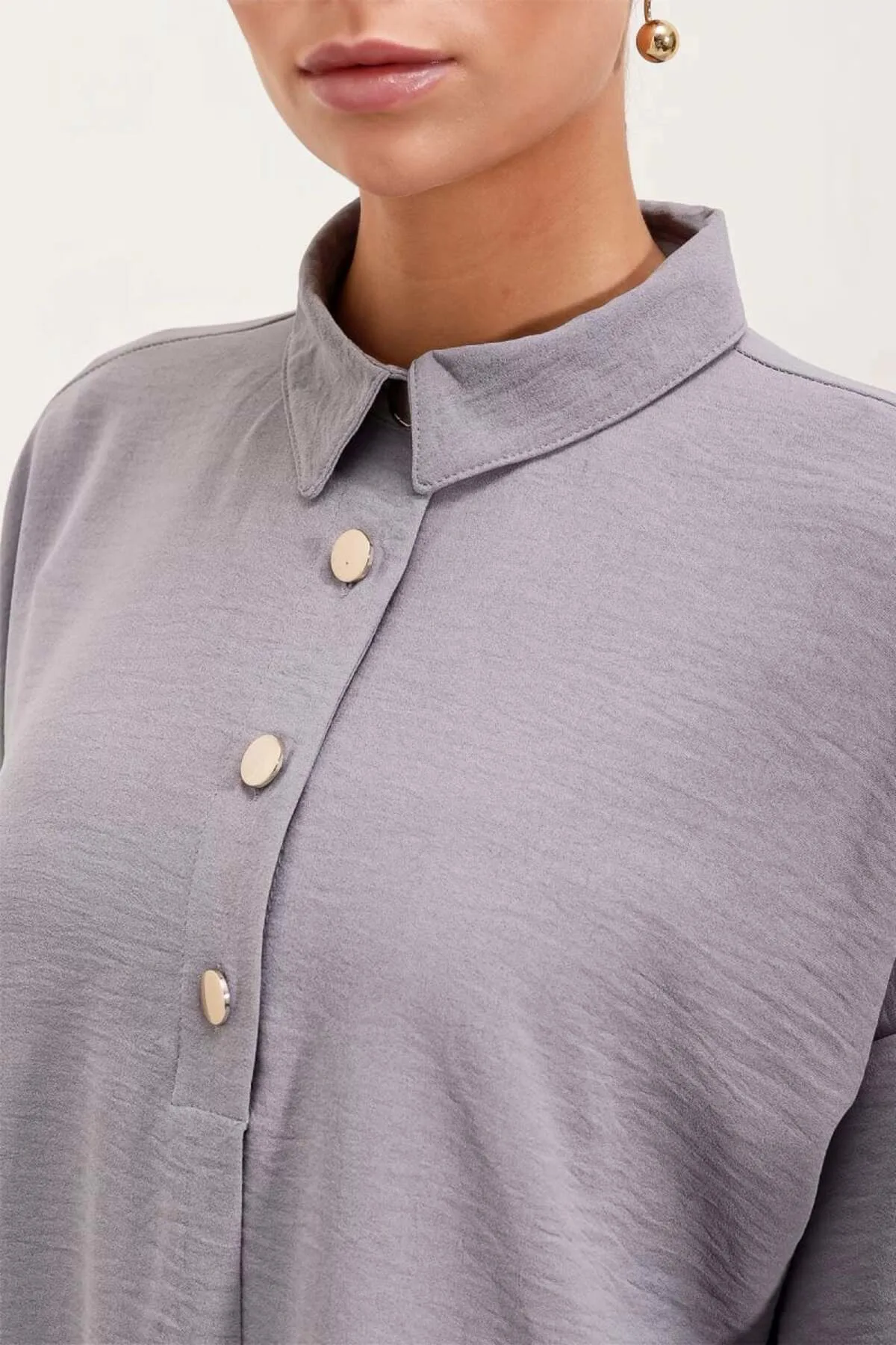 Kadın Düğmeli Oversize Gri Takım