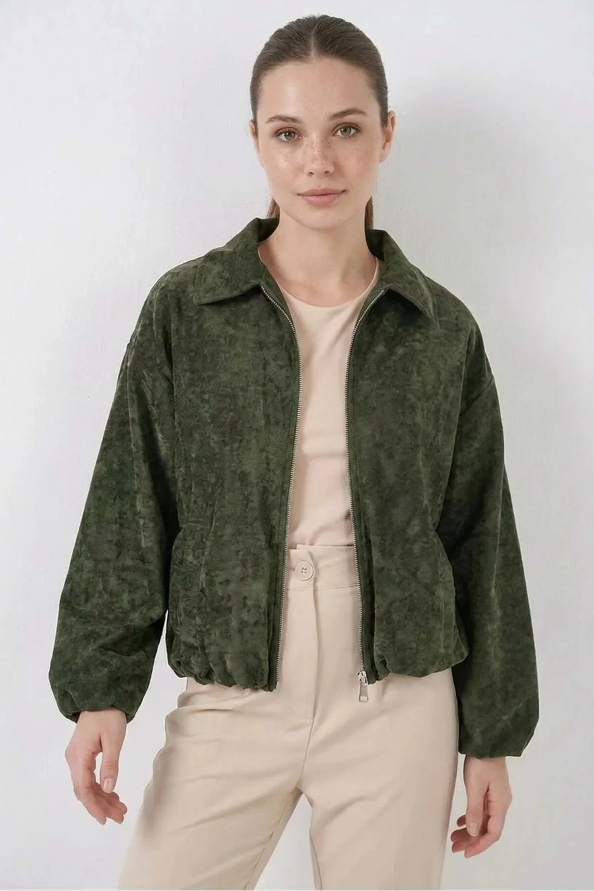 Kadın Gömlek Yaka Büzgülü Oversize Kadife Haki Ceket