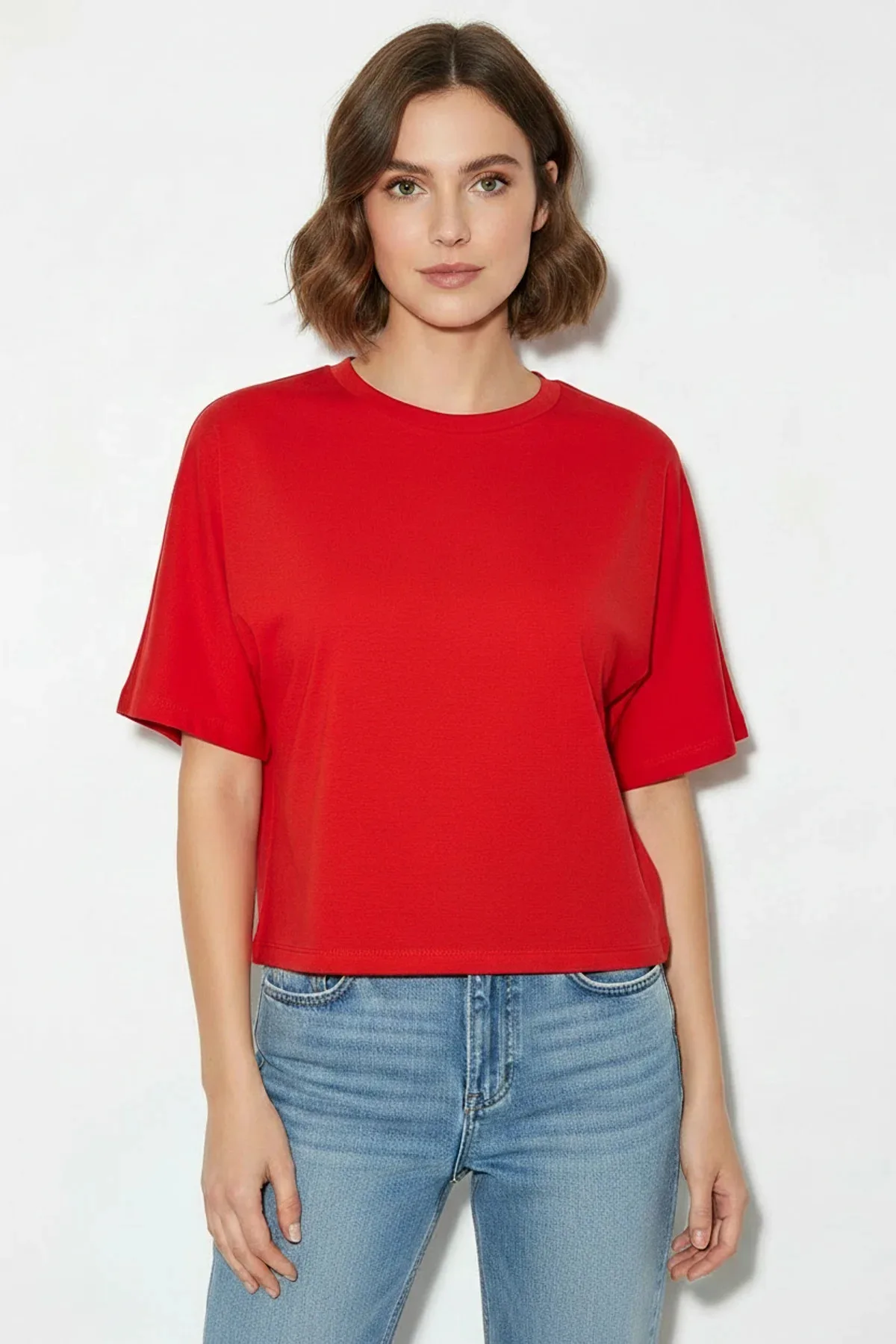 Kadın Beli Büzgülü Bisiklet Yaka T Shirt Kırmızı