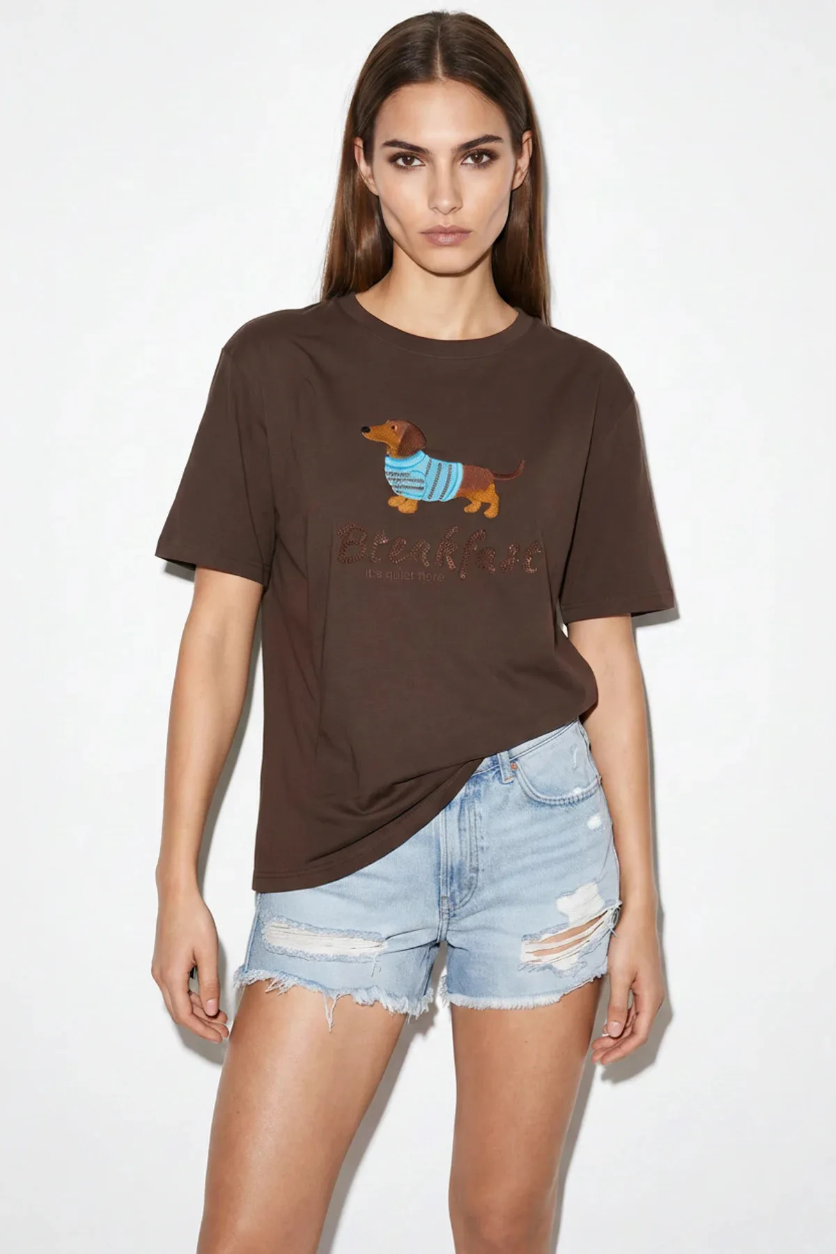 Kadın Bisiklet Yaka Nakış ve Boncuk İşlemeli Oversize T Shirt Kahverengi