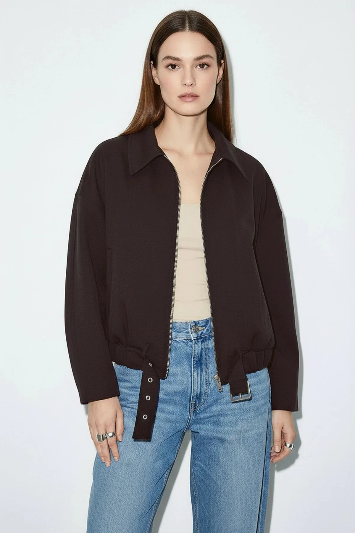 Kadın Oversize Kemer Detaylı Fermuarlı Astarlı Bomber Acı Kahve Ceket