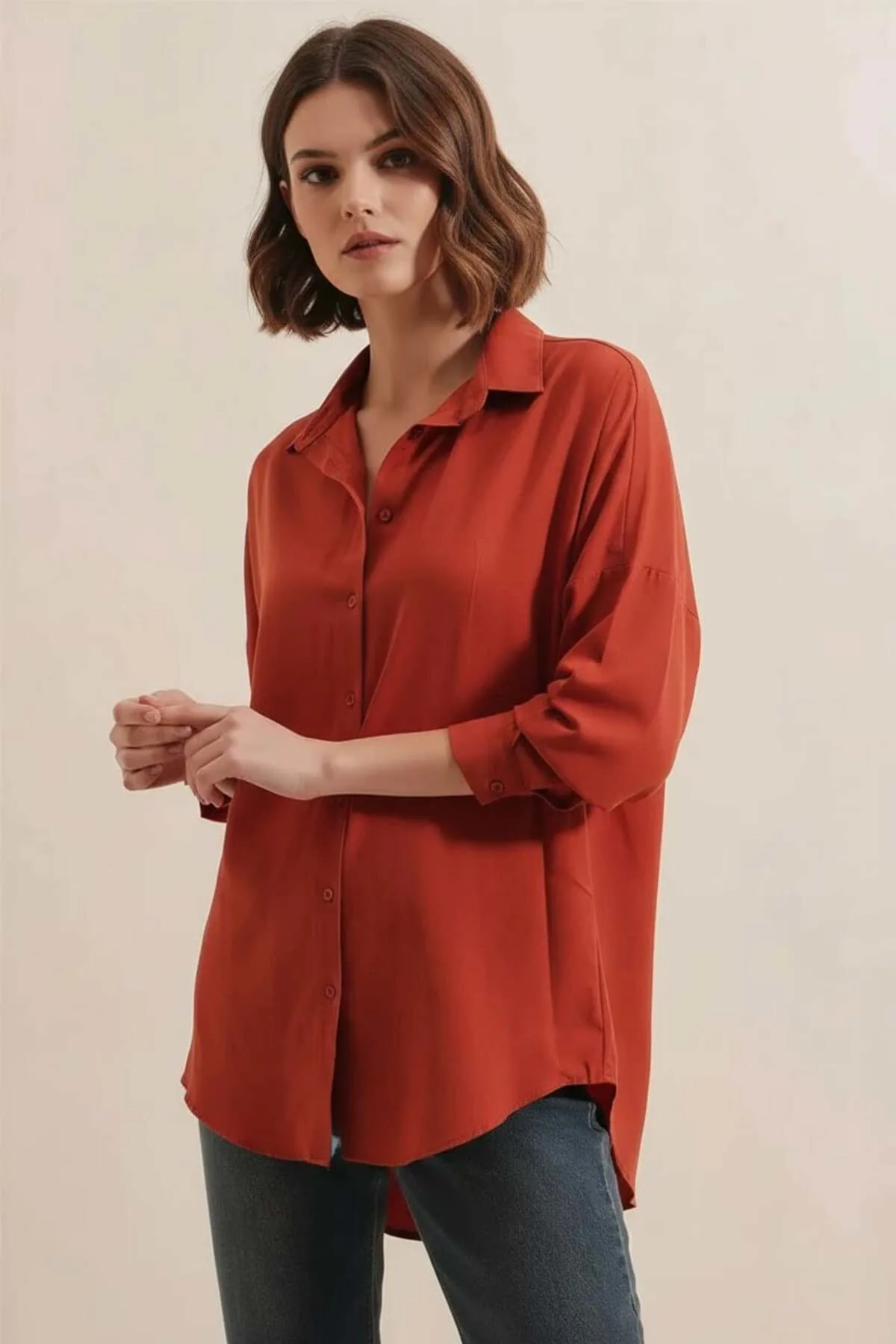 Kadın Oversize Basic Pamuklu Kiremit Gömlek