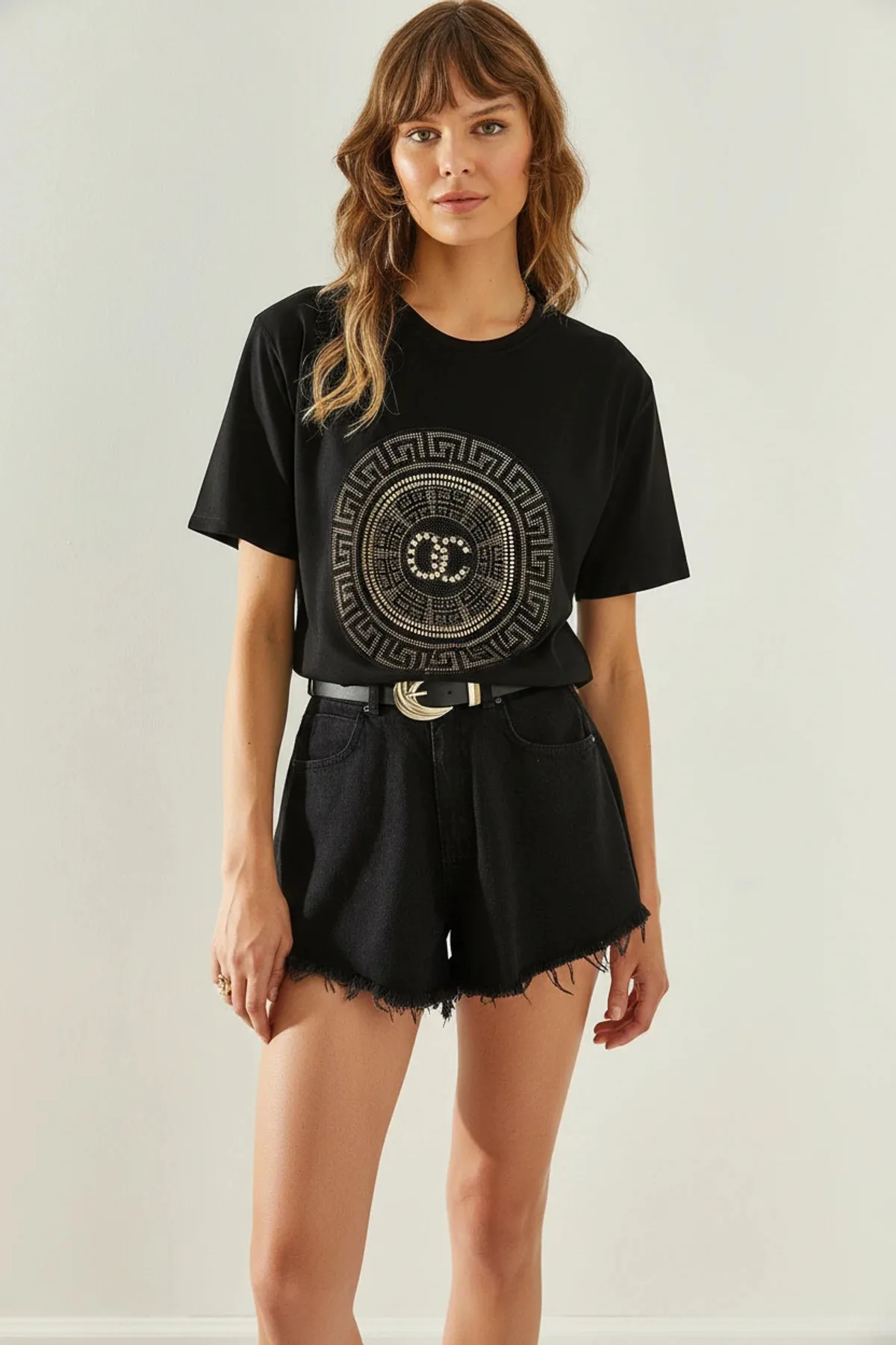 Kadın Bisiklet Yaka Taş Detaylı Basic Penye T Shirt Siyah T-Shirt