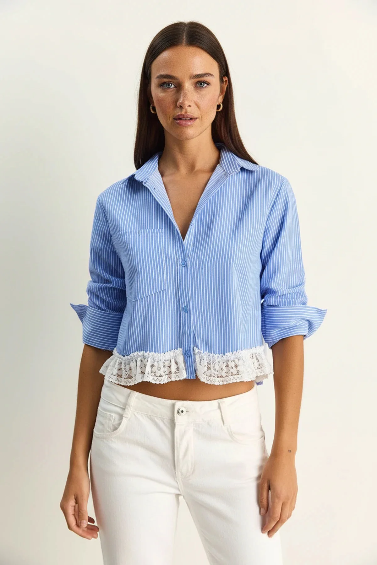 Kadın Dantel Detaylı Çizgili Poplin Crop Gömlek DG Mavi
