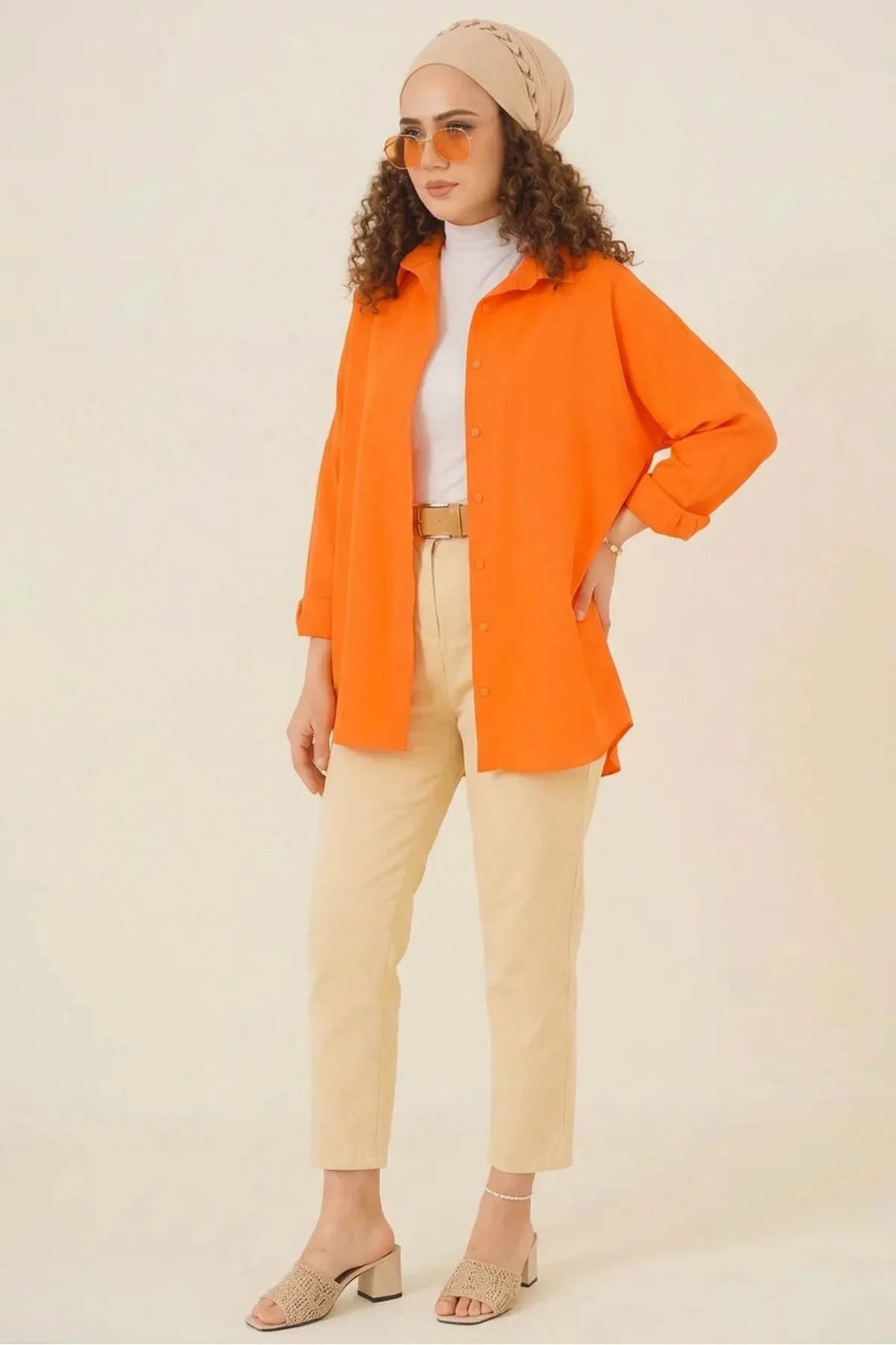 Kadın Oversize Basic Turuncu Tesettür Gömlek