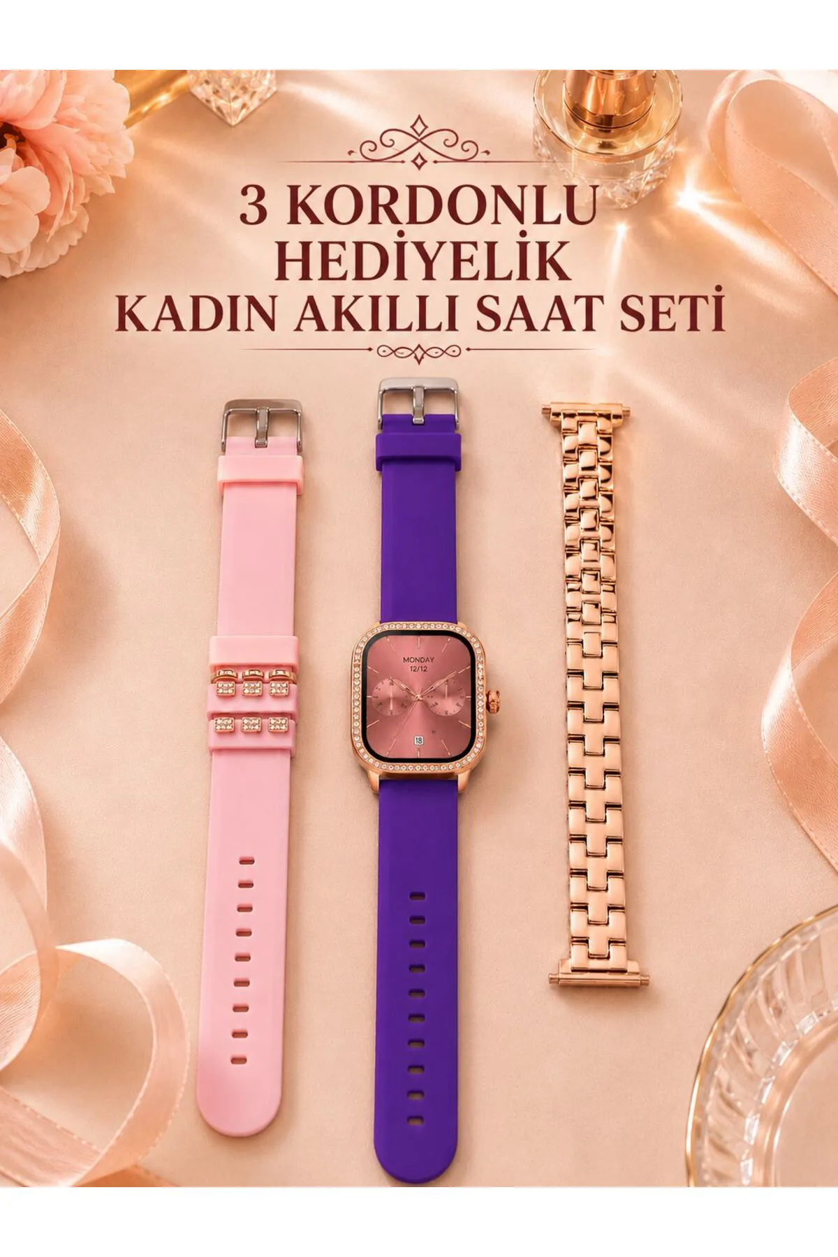 3 Kordonlu Rose Gold Kasalı Kadın Akıllı Saat Seti
