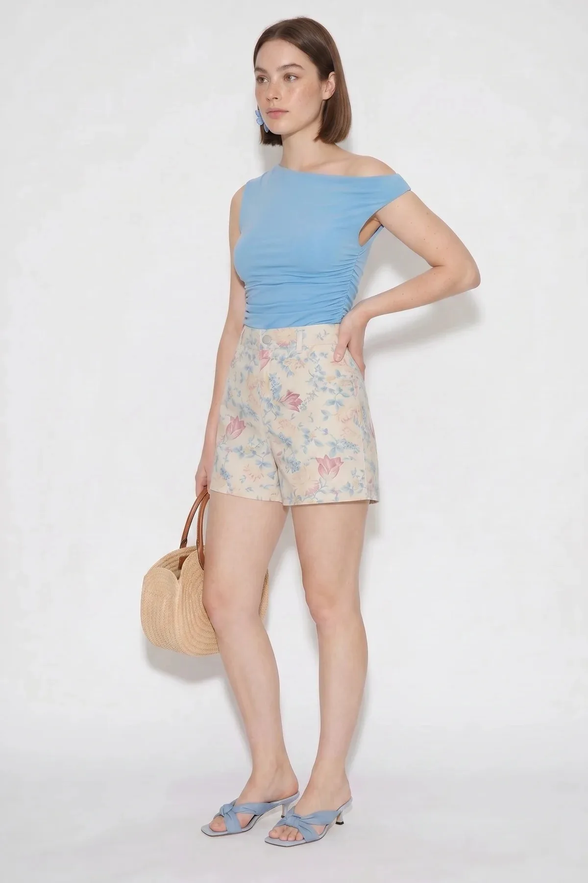 Kadın Vintage Desenli Yüksek Bel Mini Denim Mavi Şort