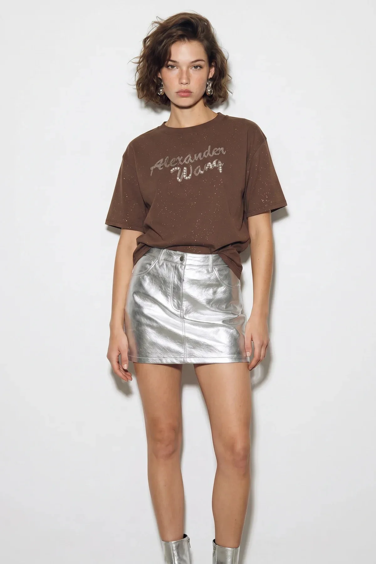 Kadın Simli Taş Yazı Baskılı Bisiklet Yaka Oversize Basic T Shirt Acı Kahve