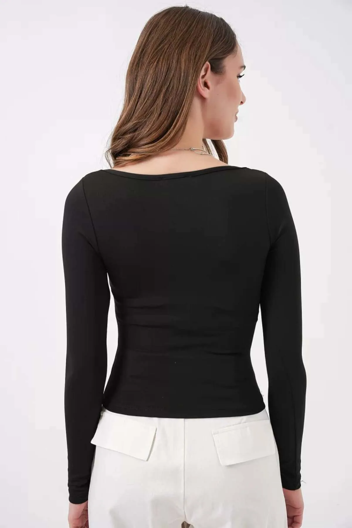 Kadın Kare Yaka Slim Fit Uzun Kol Siyah Bluz