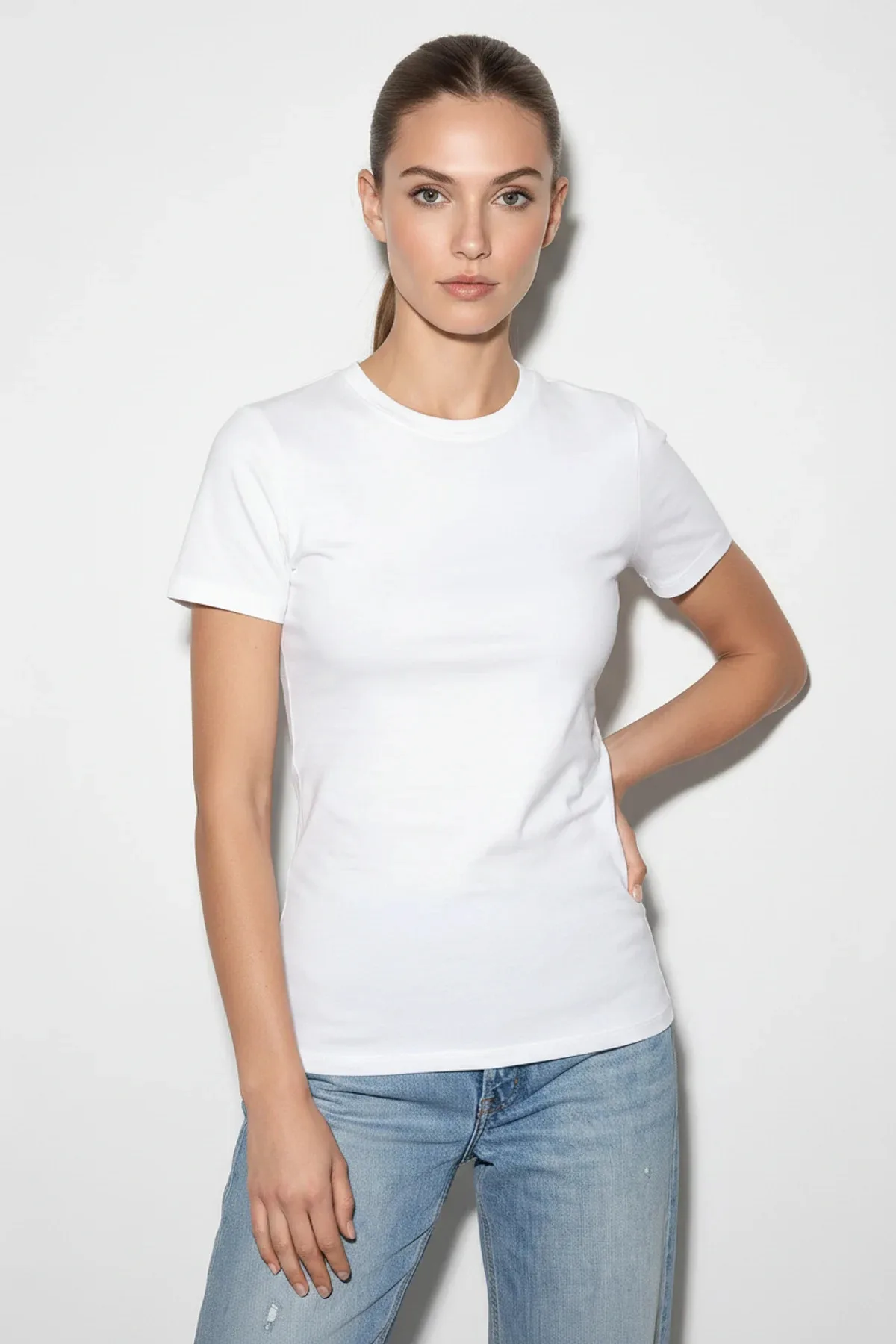 Kadın Kısa Kollu Bisiklet Yaka T Shirt Beyaz
