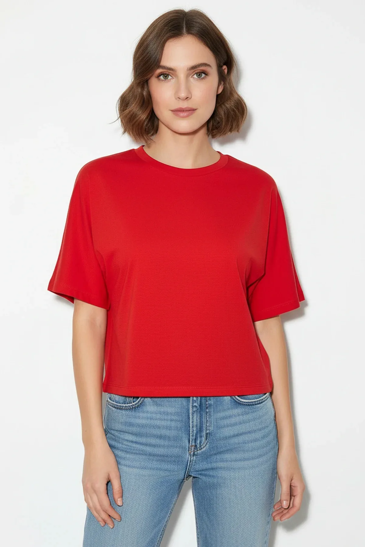 Kadın Beli Büzgülü Bisiklet Yaka T Shirt Kırmızı