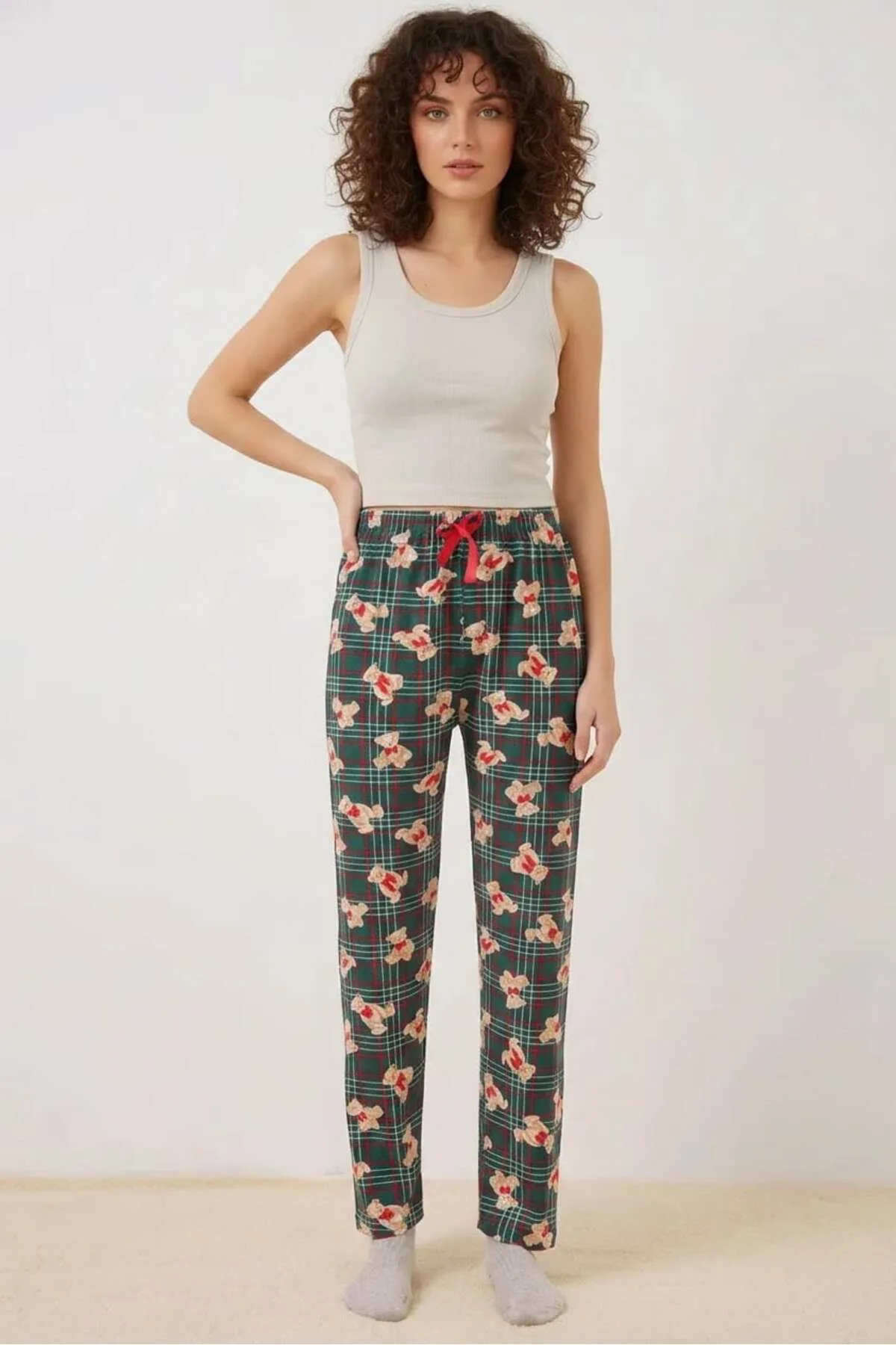 Kadın Beli Büzgülü Kareli Desenli Zümrüt Yeşili Pijama Altı