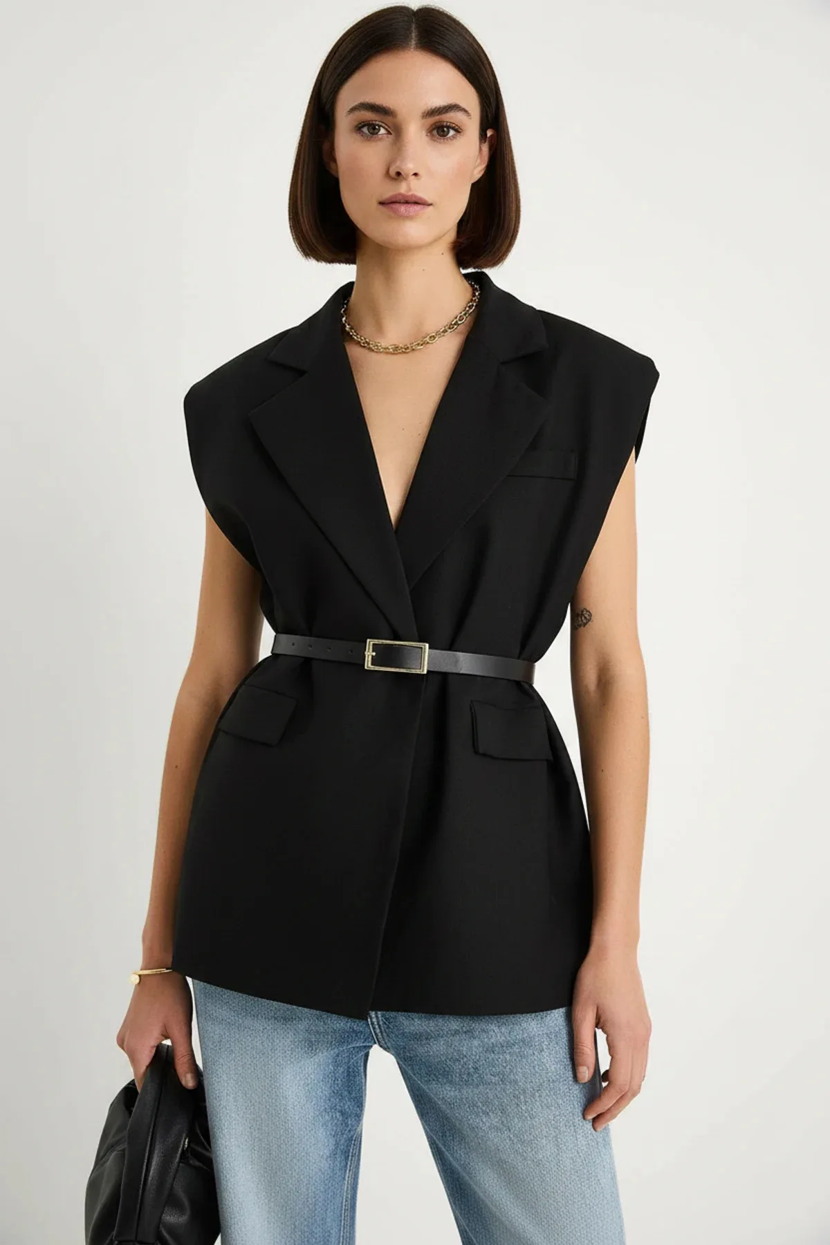 Kadın Cep Detaylı Kemerli Vatkalı Oversize Astarlı Blazer Siyah Yelek