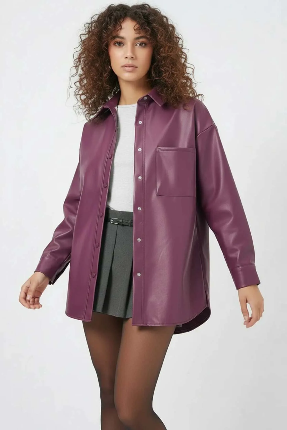 Kadın Oversize Kesim Mürdüm Gömlek