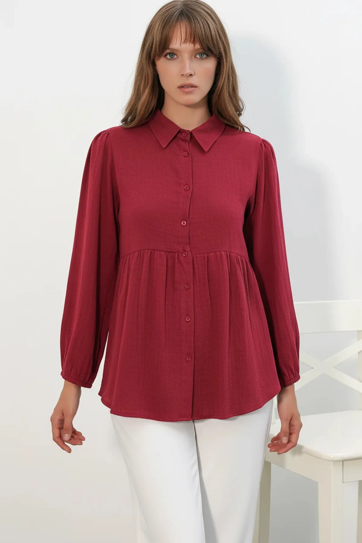 Kadın Beli Büzgülü Kabartmalı Oversize Keten Siyah Gömlek
