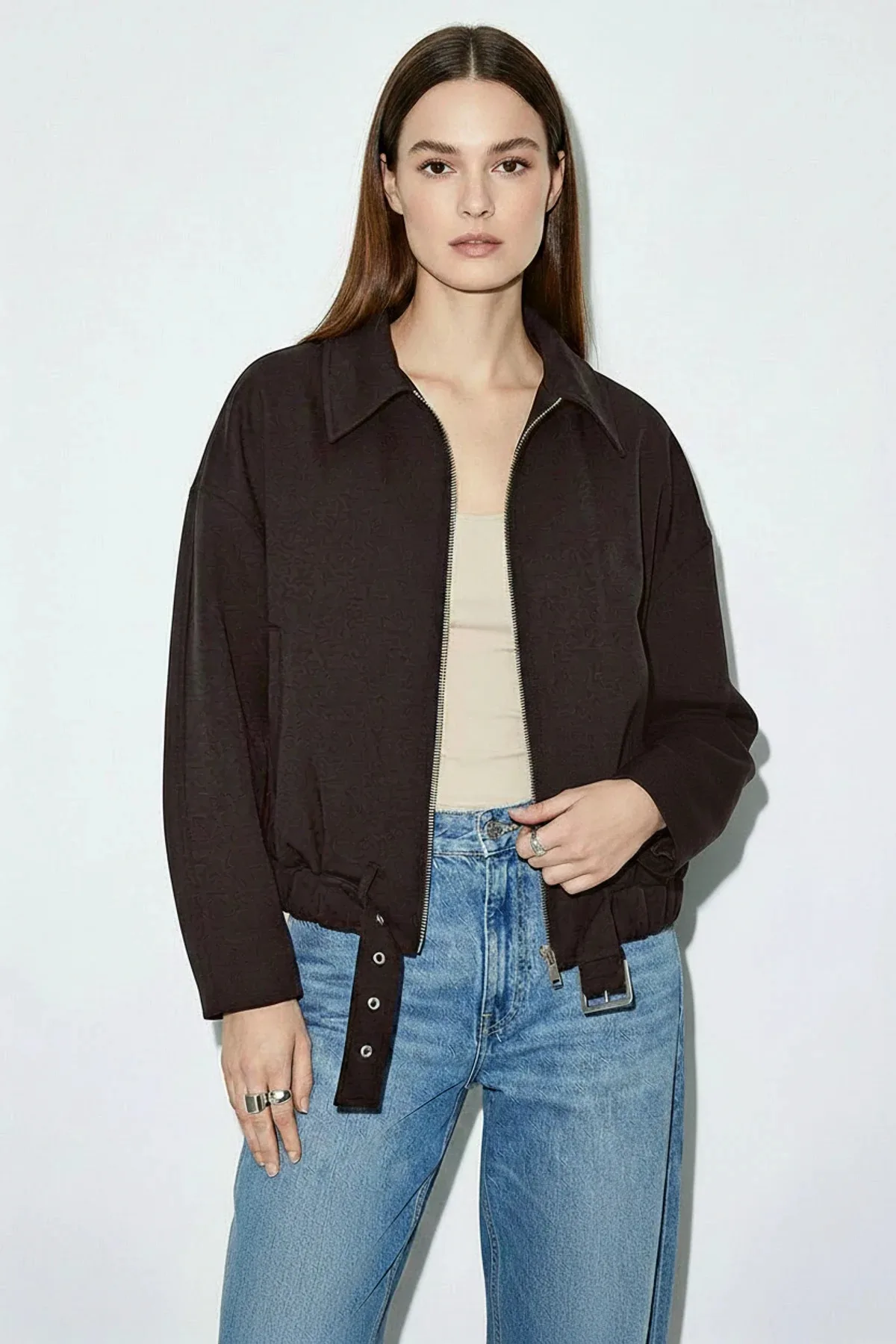 Kadın Oversize Kemer Detaylı Fermuarlı Astarlı Bomber Acı Kahve Ceket