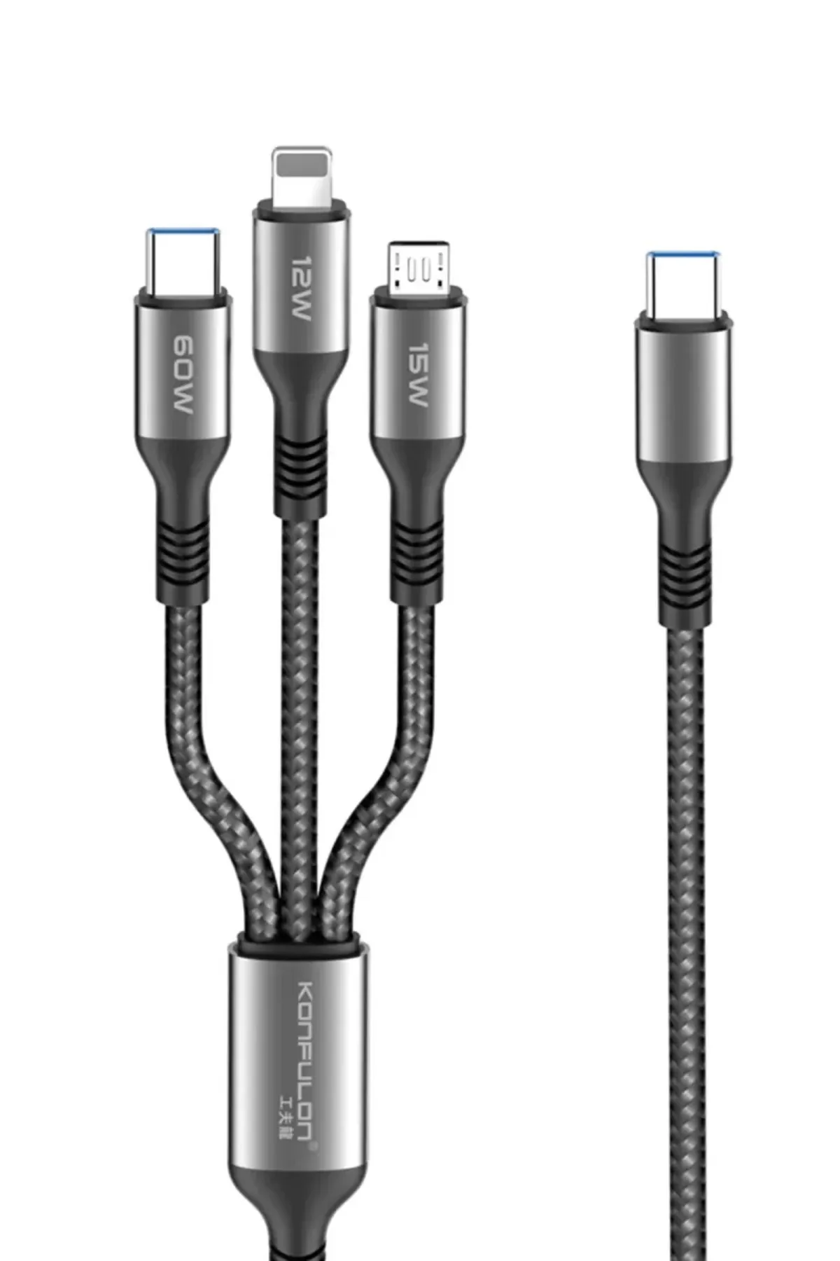 Konfulon DC62 3in1 Type-C to 60W Type-C / 12W Lightning / 15W Micro 1.2M Hızlı Şarj Kablo - Siyah