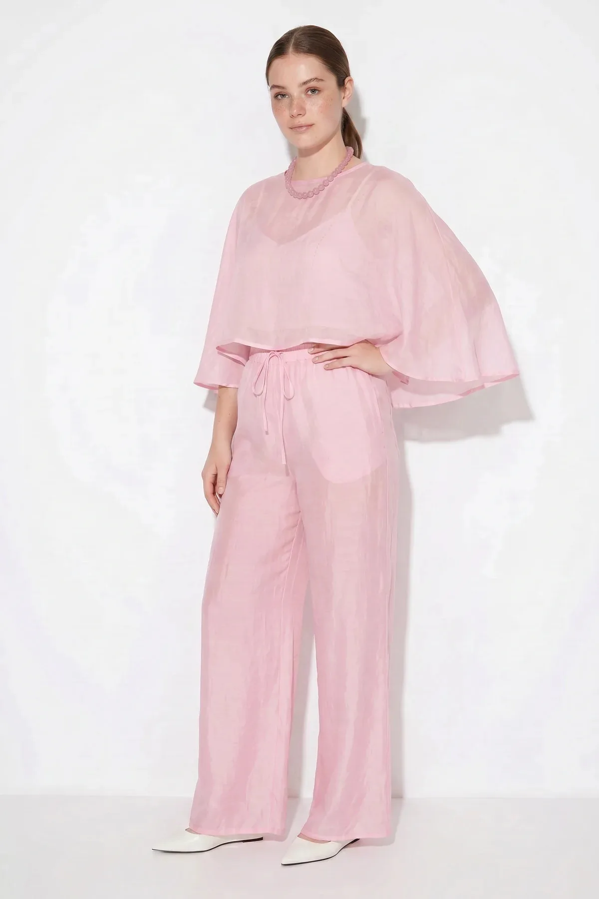 Kadın Pelerin Bluz Beli Lastikli Bağlamalı Bol Pantolonlu Pembe Takım