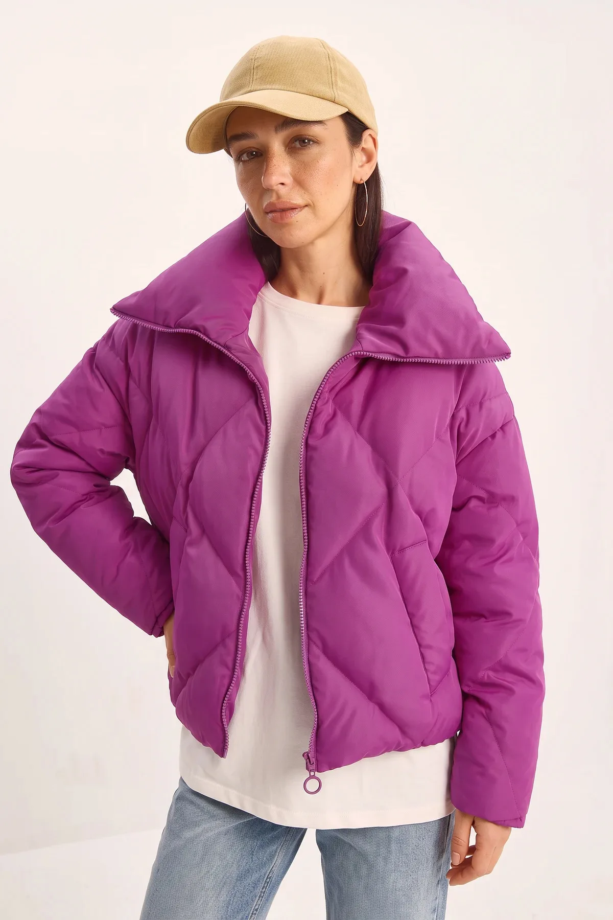 Kadın Oversize Şişme Fuşya Mont
