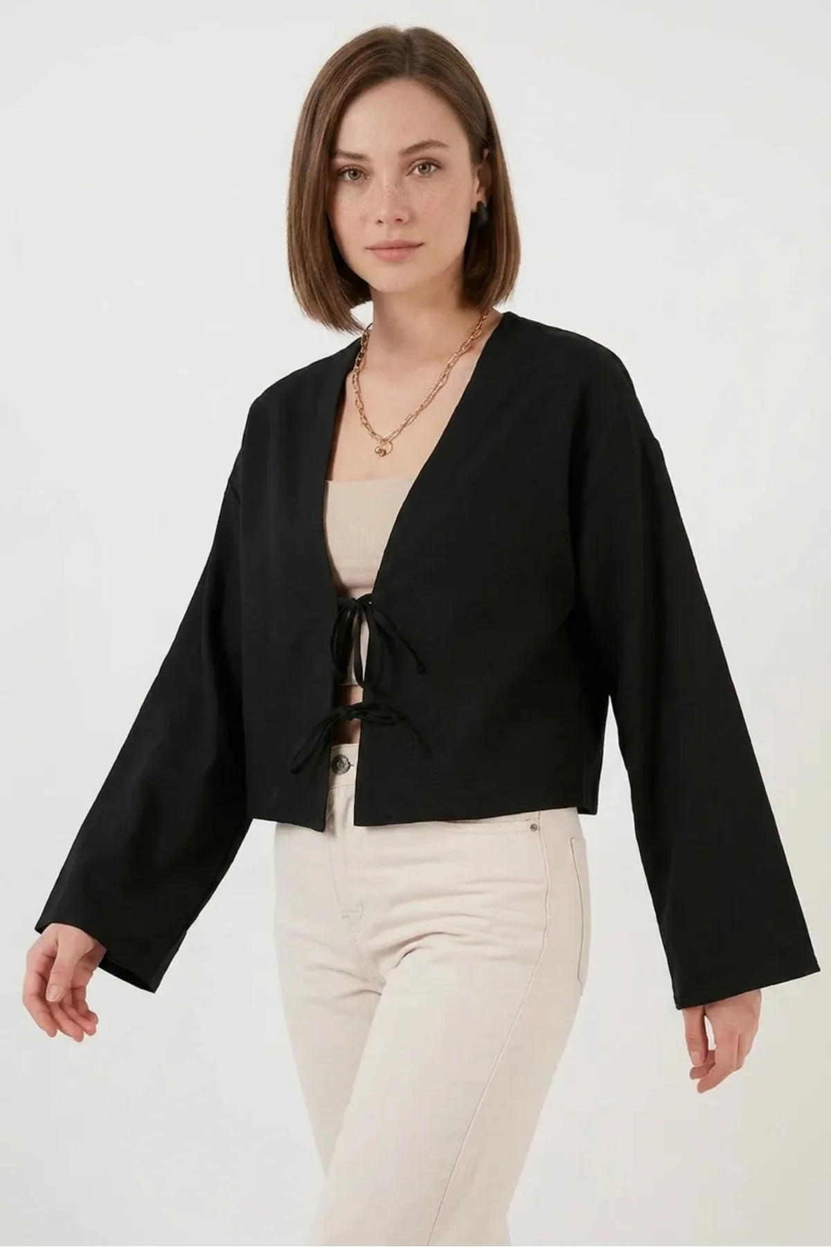 Kadın V Yaka Önü Bağlamalı Keten Siyah Kimono