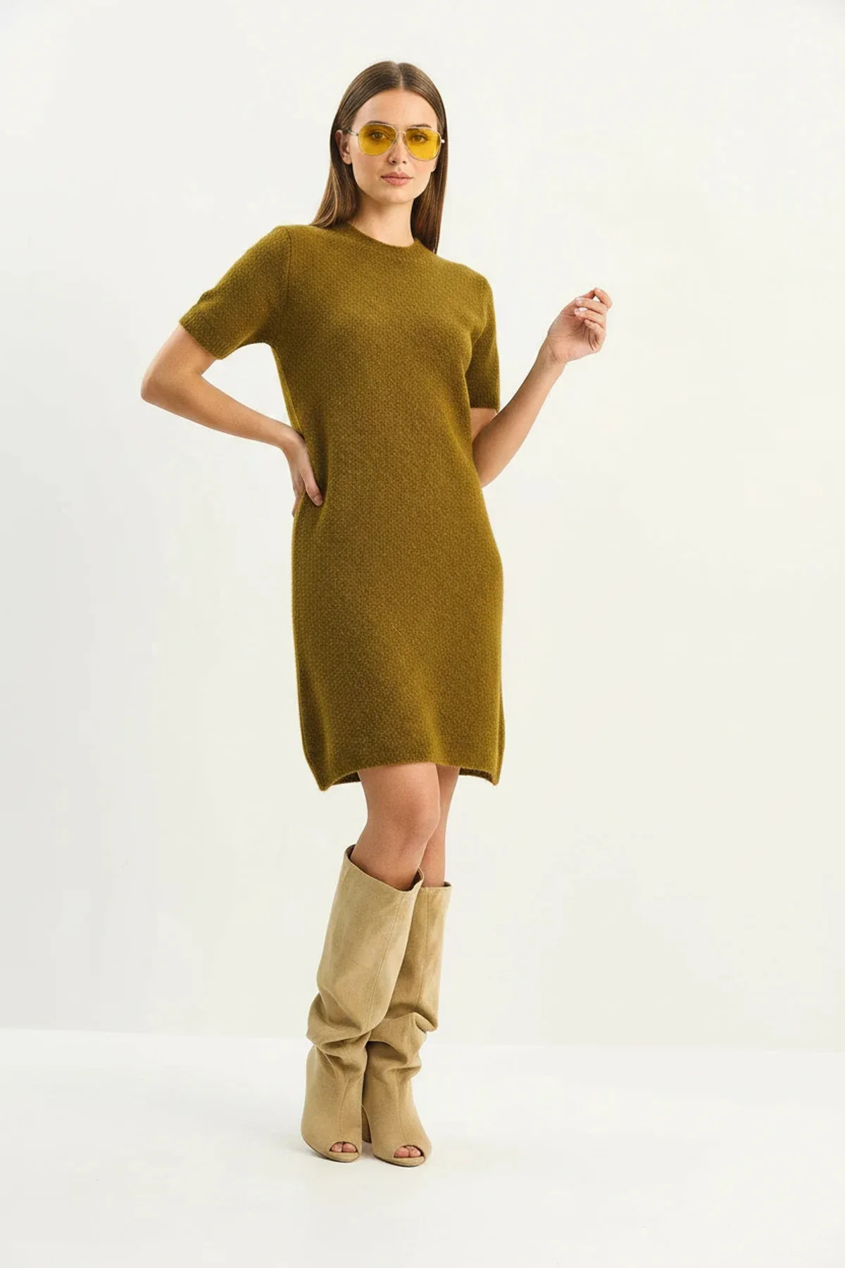 Kadın Bisiklet Yaka Kısa Kollu Yumuşak Dokulu Triko Yağ Yeşili Elbise