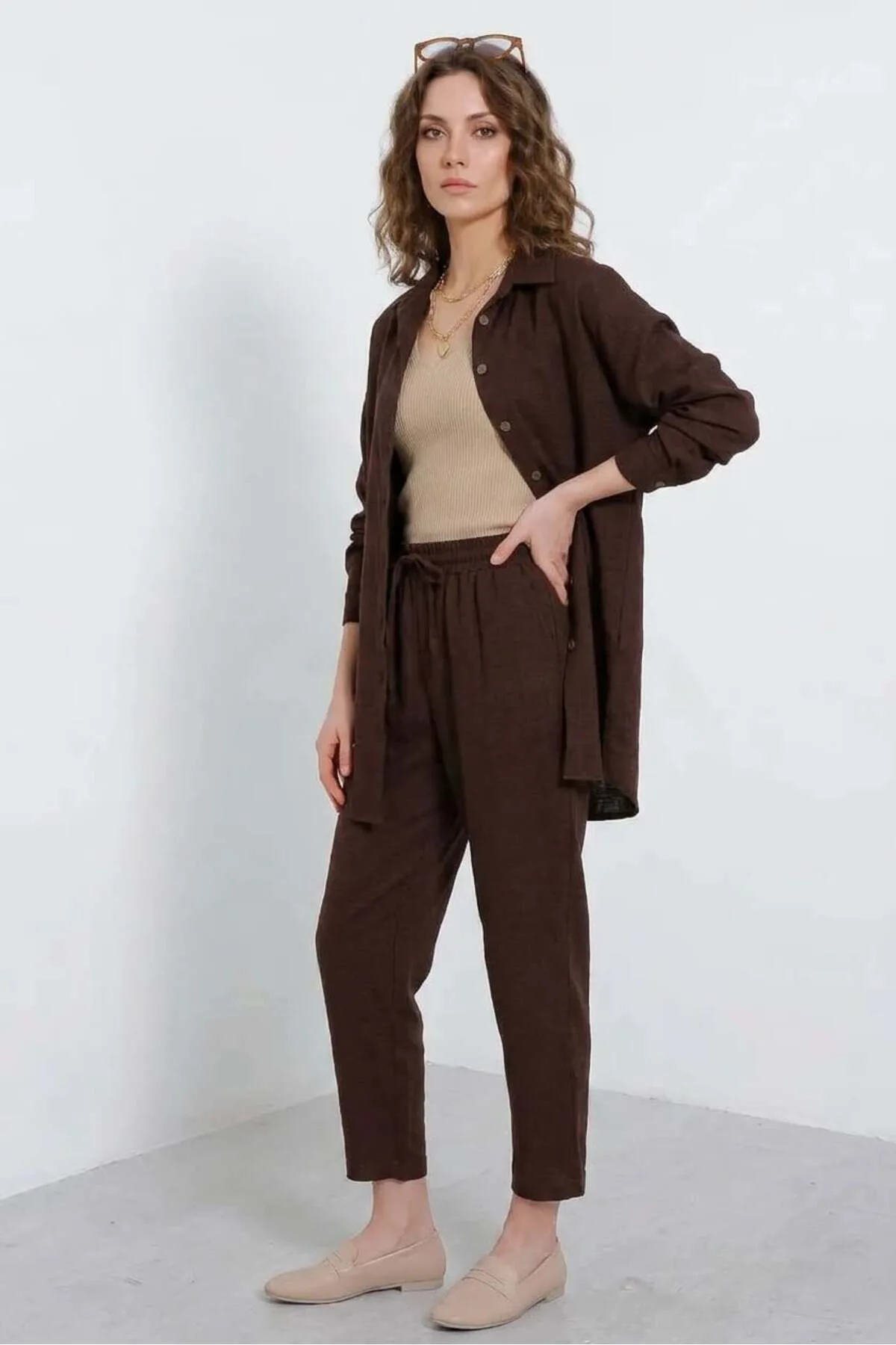 Kadın Oversize Viskon Camel Takım