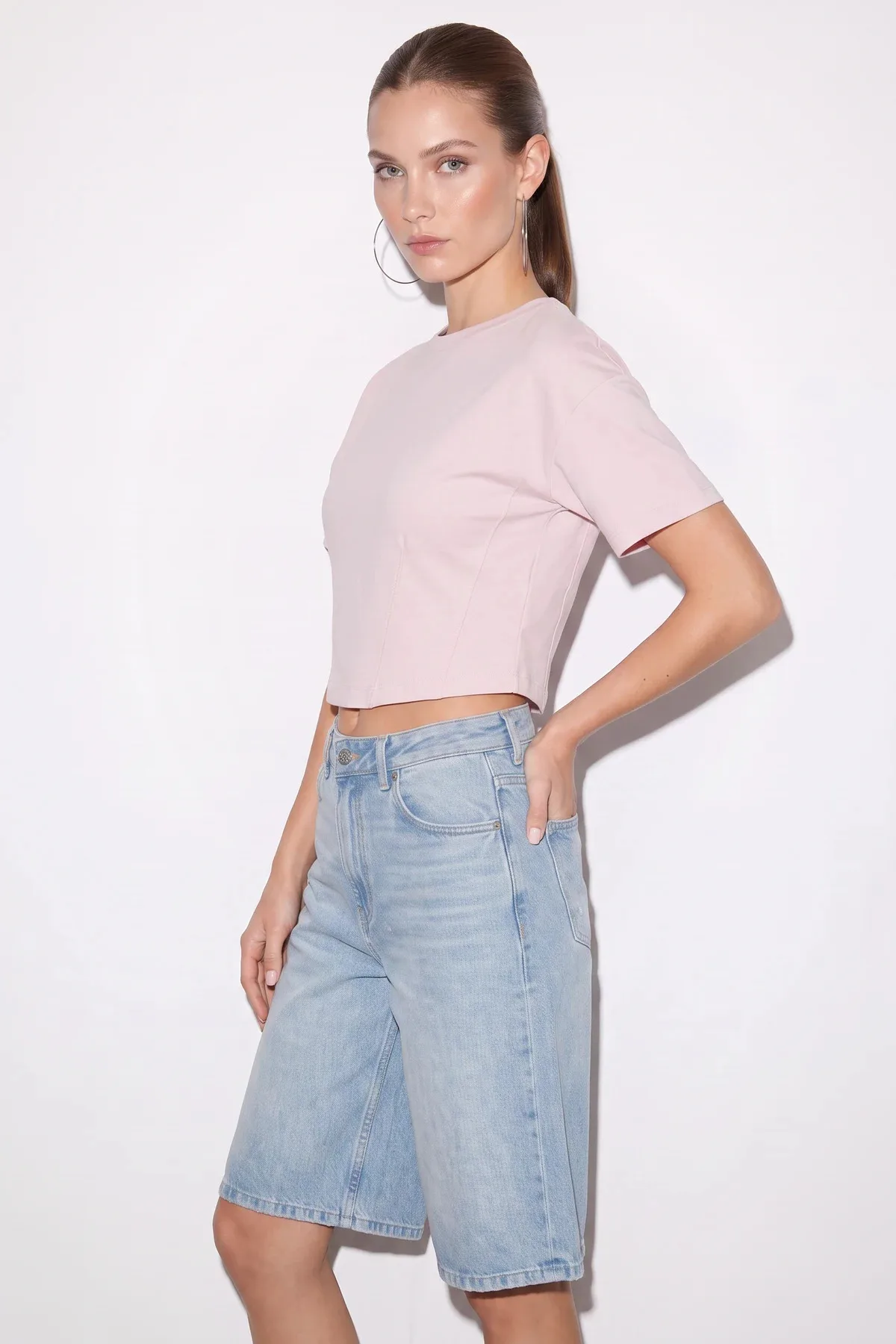 Kadın Bisiklet Yaka Korsaj Dikiş Detaylı Crop Şeker Pembe Bluz