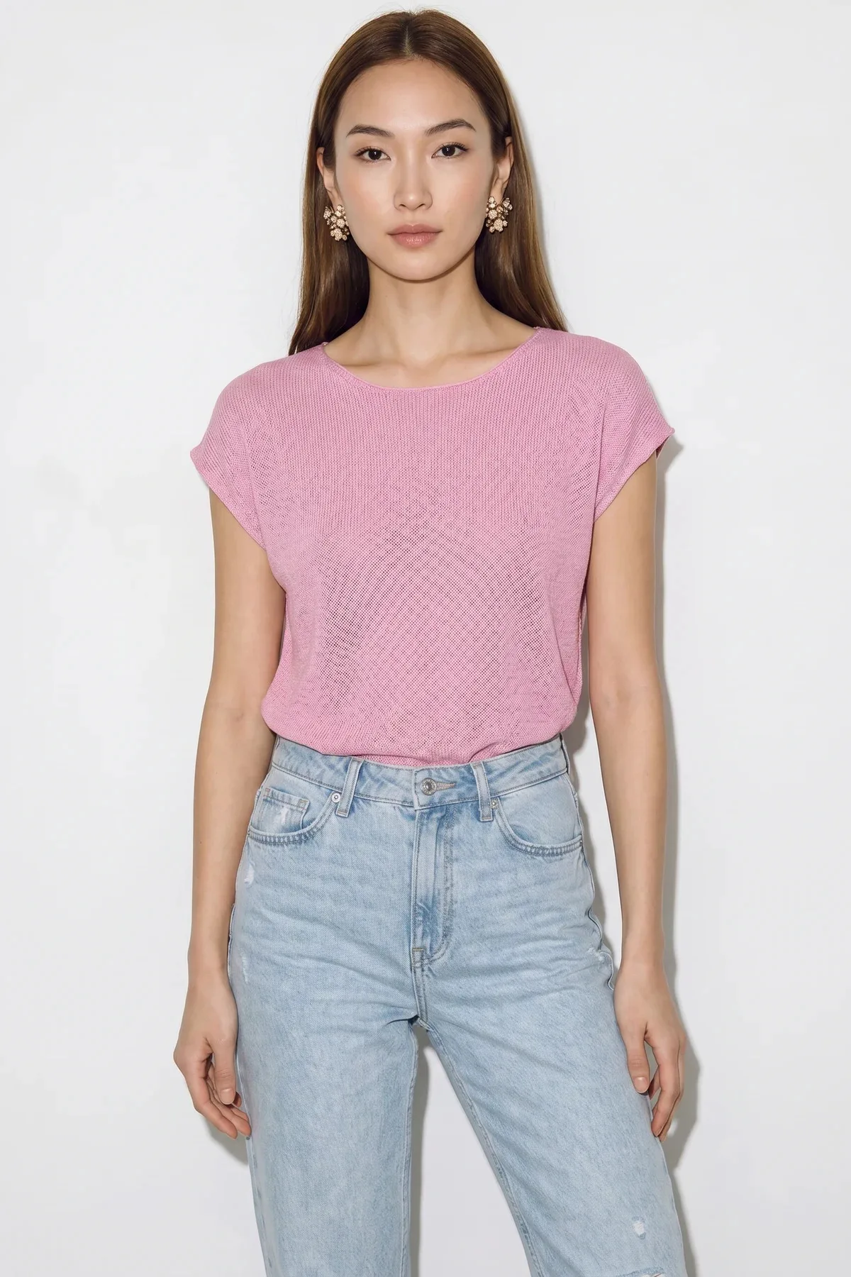 Kadın Kayık Yaka Yarasa Kol Pamuklu Triko Pembe Bluz