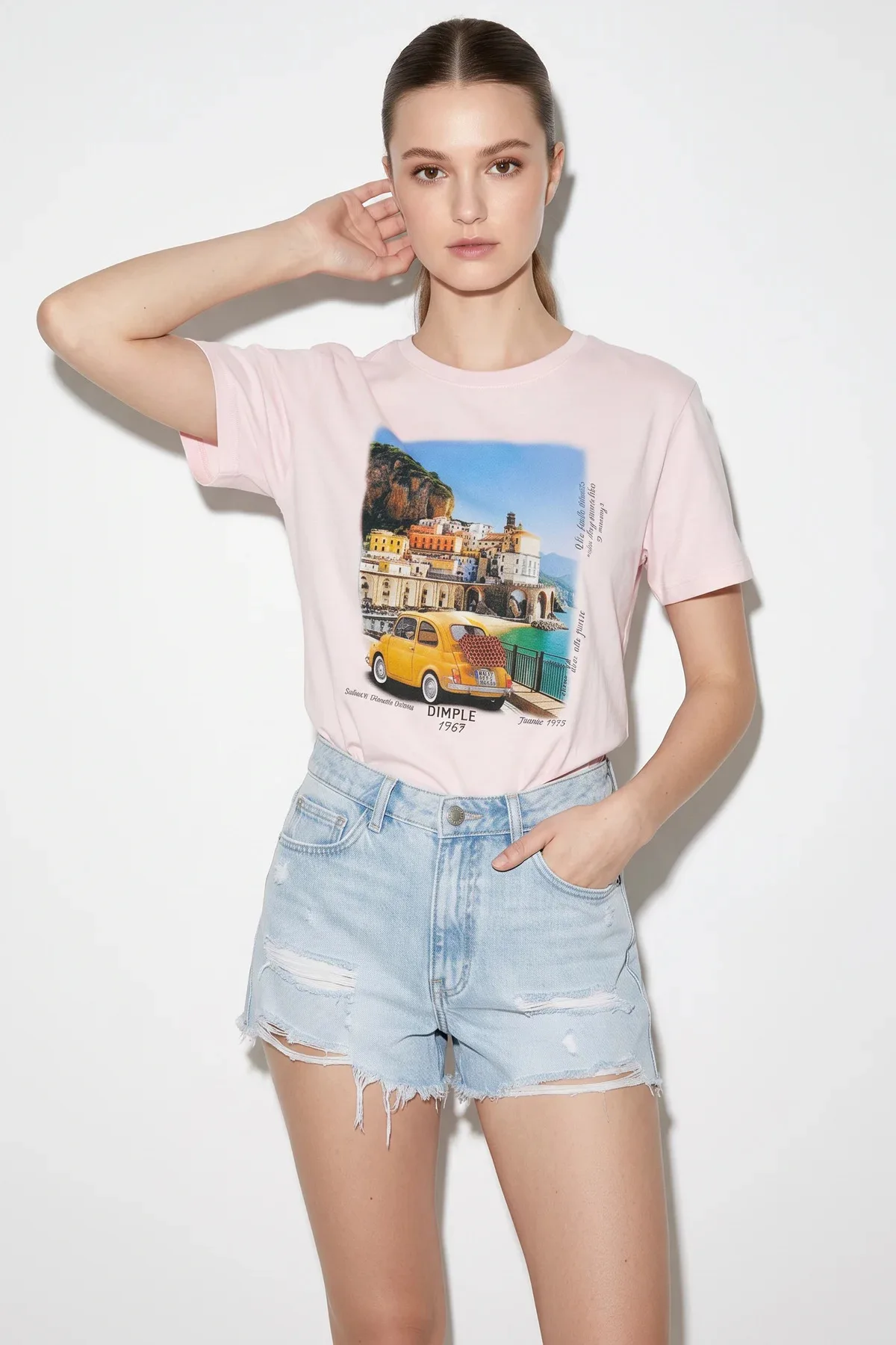 Kadın Italy Temalı Baskılı Premium Tasarım Pamuklu T Shirt Toz Pembe