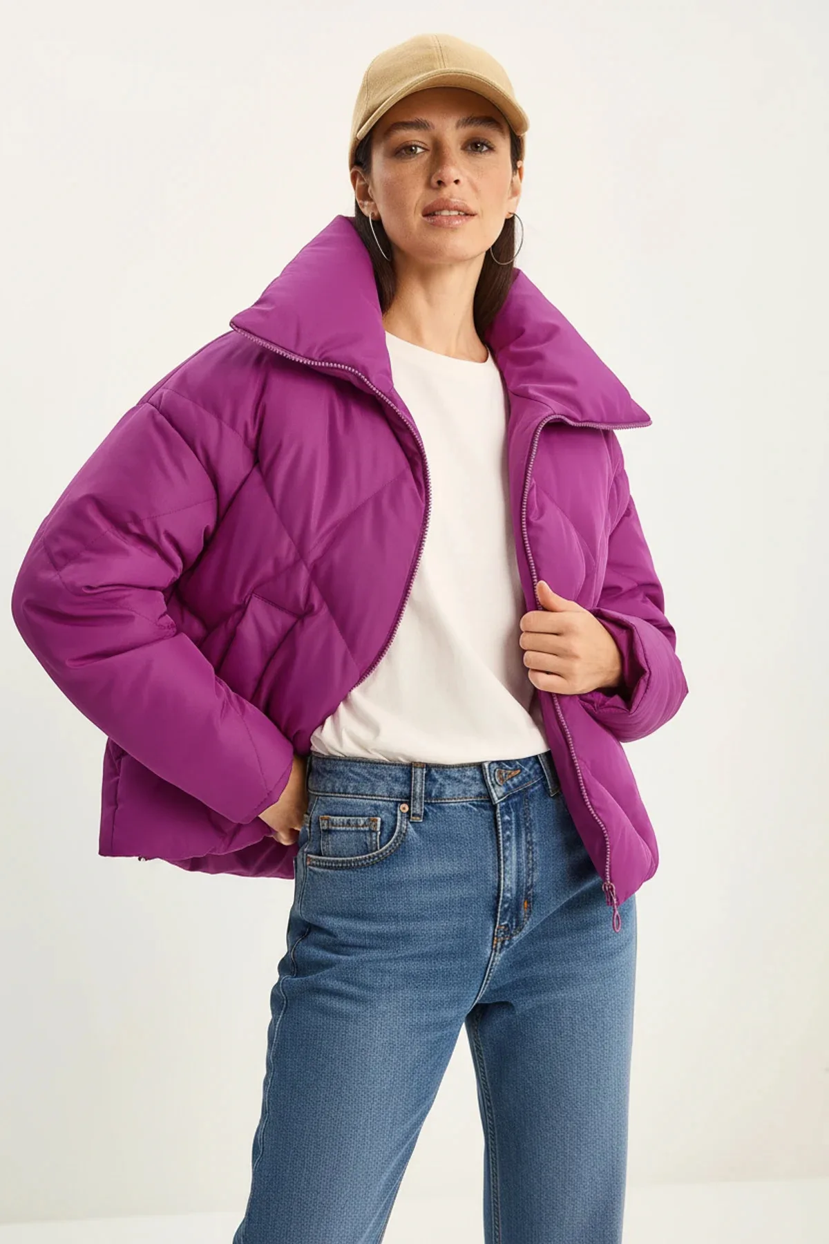 Kadın Oversize Şişme Fuşya Mont