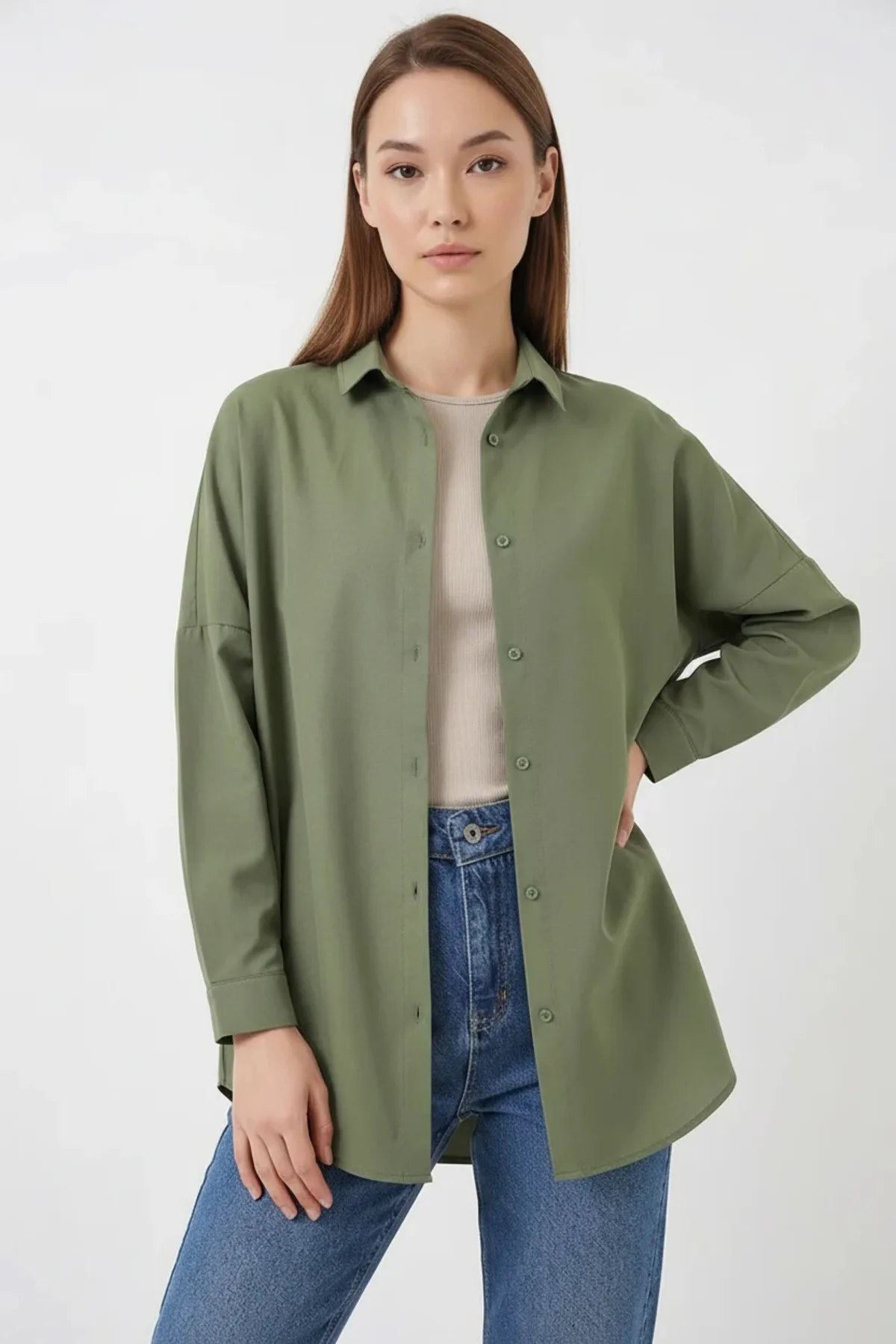 Kadın Kareli Desen Basic Oversize Pamuklu Vizon Gömlek