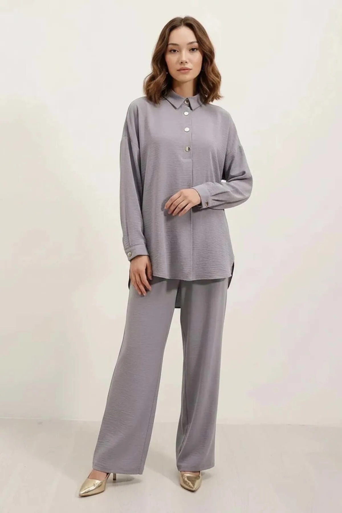 Kadın Düğmeli Oversize Gri Takım