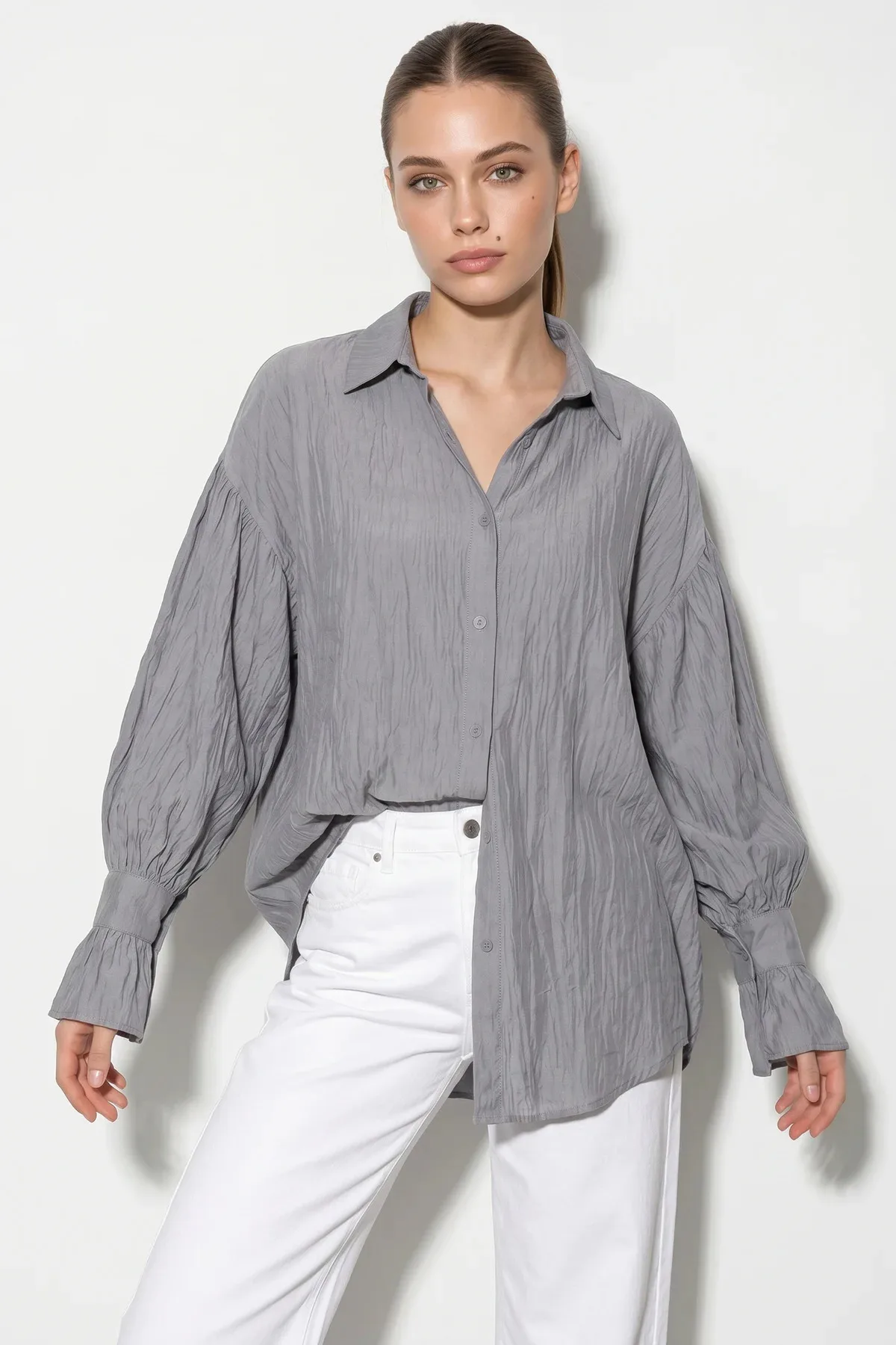 Kadın Fırfır Manşet Detaylı Oversize Füme Gömlek