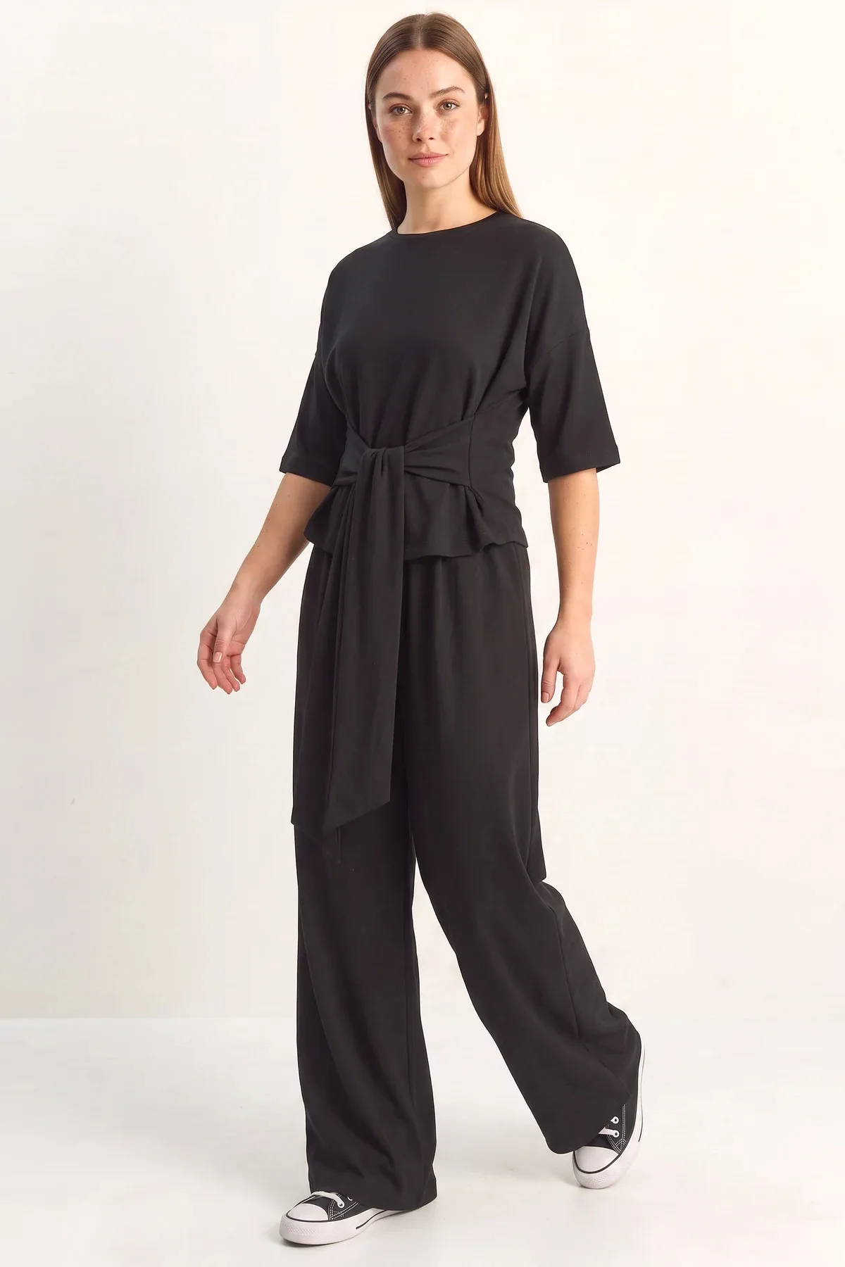 Kadın Belden Bağlamalı Basic T Shirt Bol Paça Pantolon Alt Üst Modal Siyah Takım