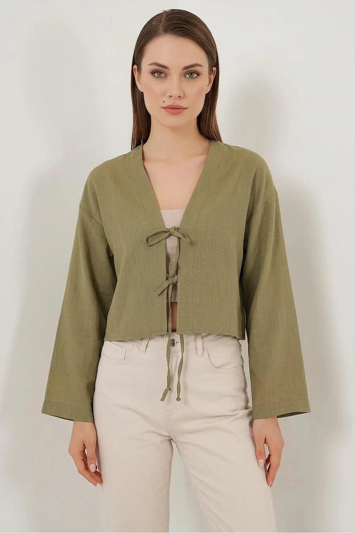 Kadın Önü Bağlamalı Keten Yeşili Çağla Kimono