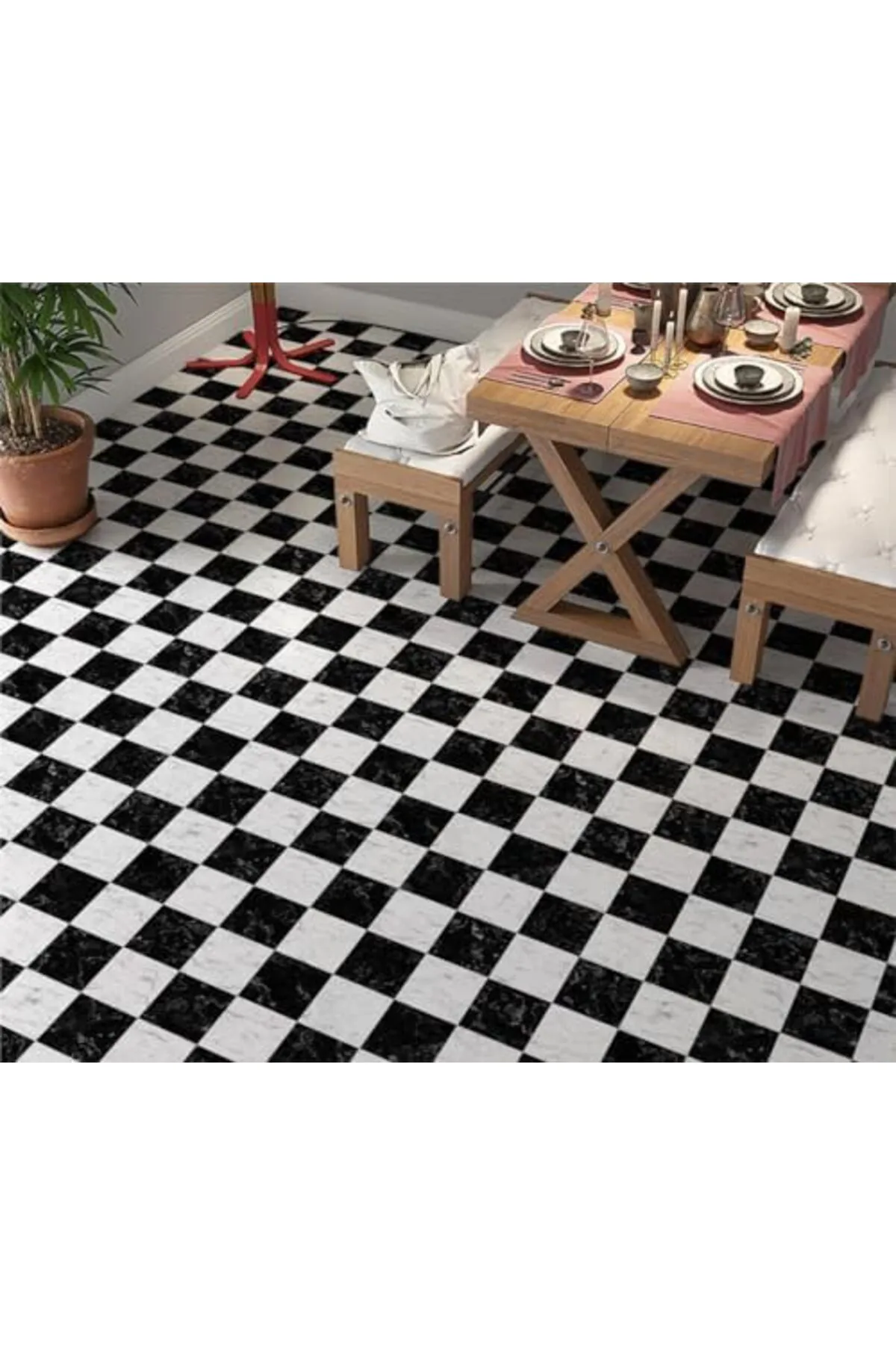 Nzr beautestore Yer Kaplama Zemin Kaplama Folyosu 65x130 cm Siyah Beyaz Kare Mermer 2026 1103473