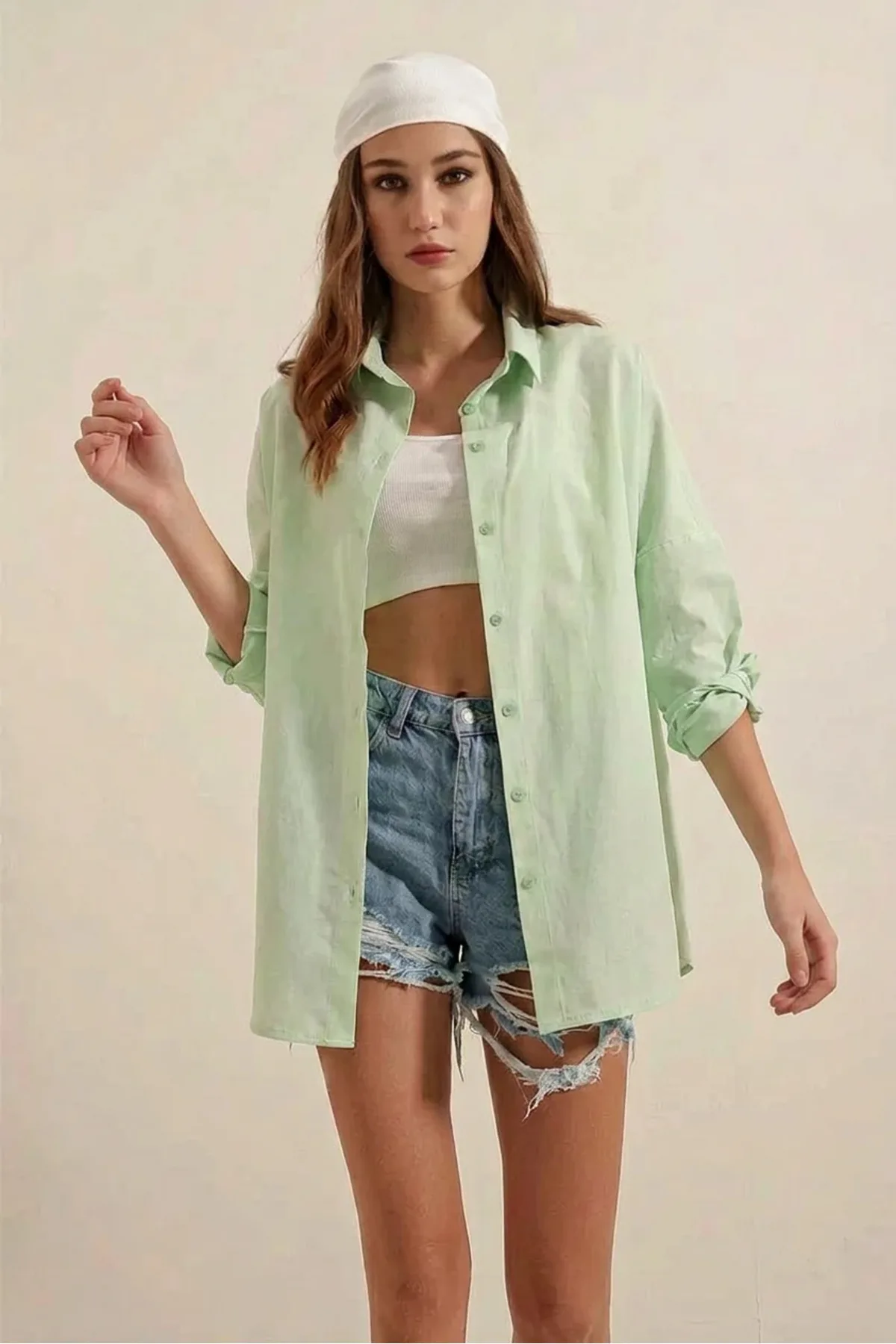 Kadın Kareli Desen Basic Oversize Pamuklu Vizon Gömlek
