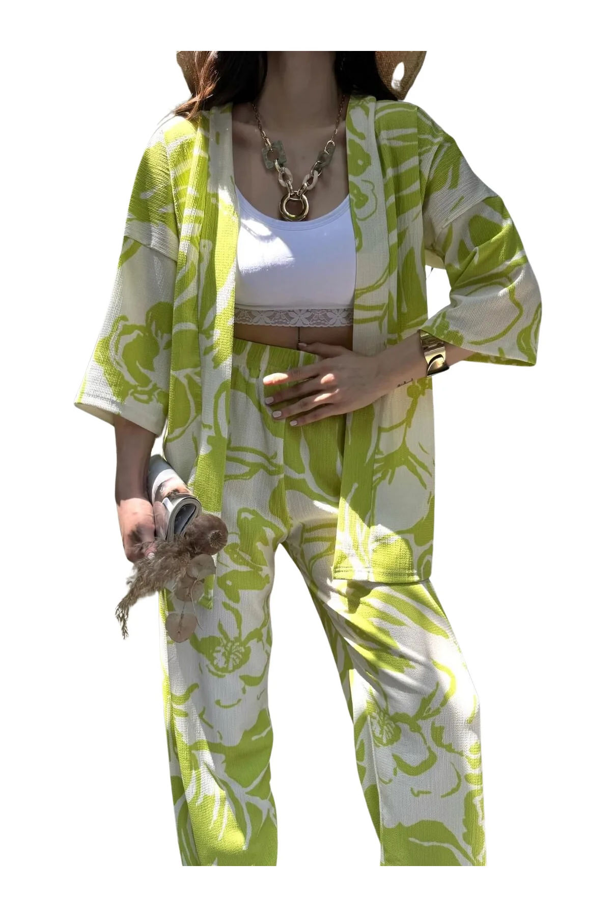 Alt Üst Takım Kimono- Desenli-Yeşil