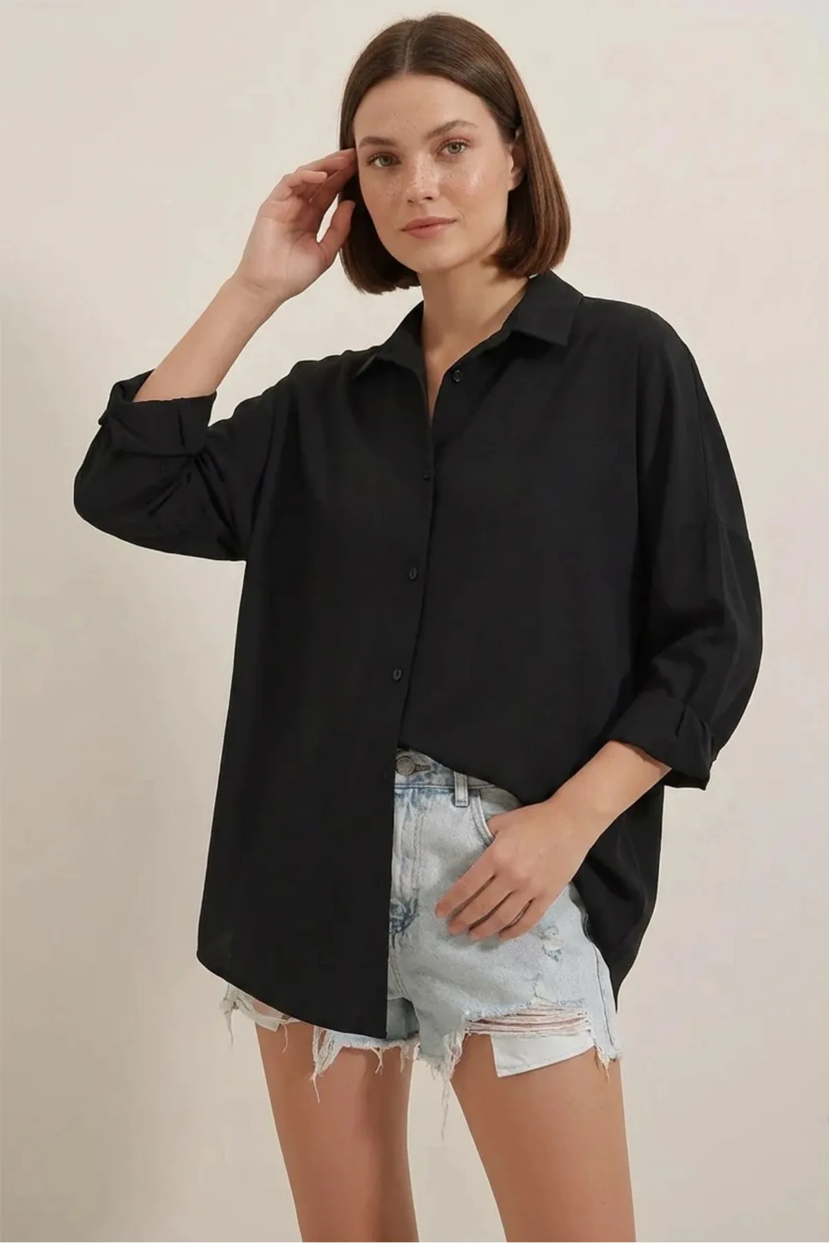 Kadın Kareli Desen Basic Oversize Pamuklu Vizon Gömlek