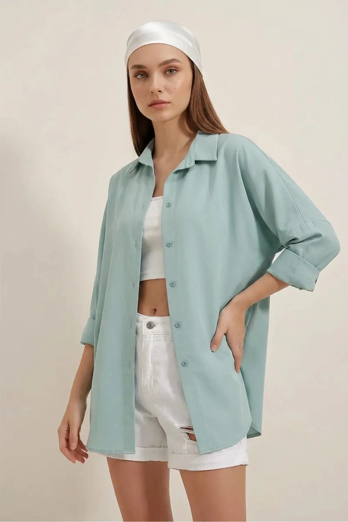 Kadın Kareli Desen Basic Oversize Pamuklu Vizon Gömlek