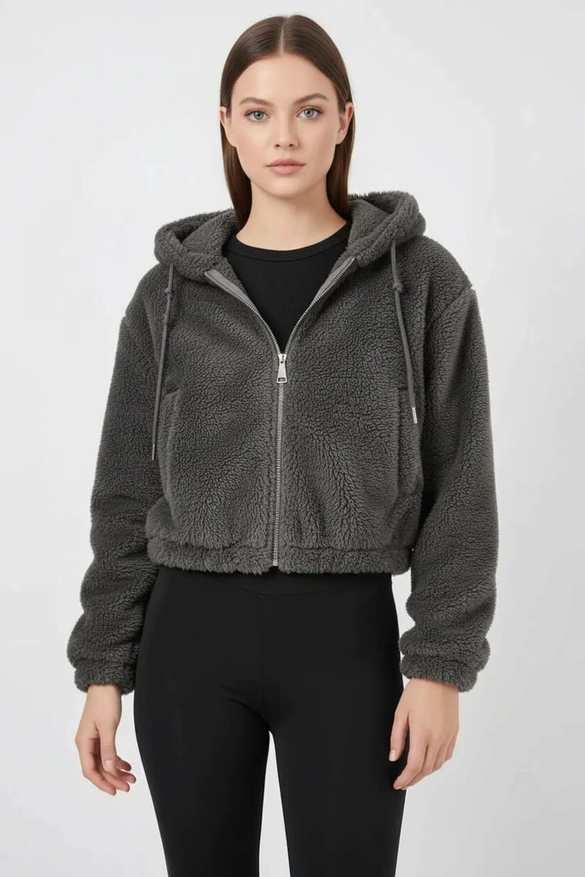 Kadın Kapüşonlu Crop Peluş Antrasit Ceket