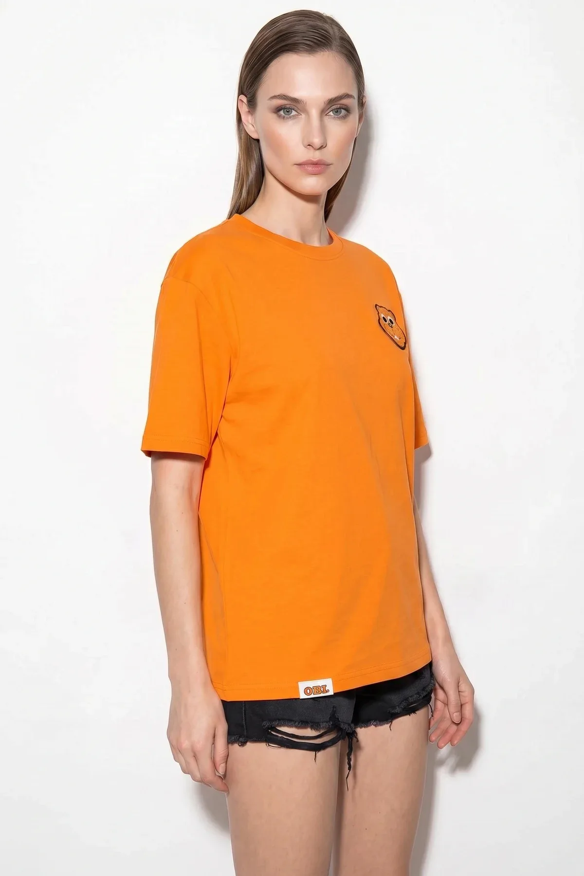 Kadın Nakışlı Teddy Detaylı Bisiklet Yaka Pamuklu T Shirt Turuncu T-Shirt