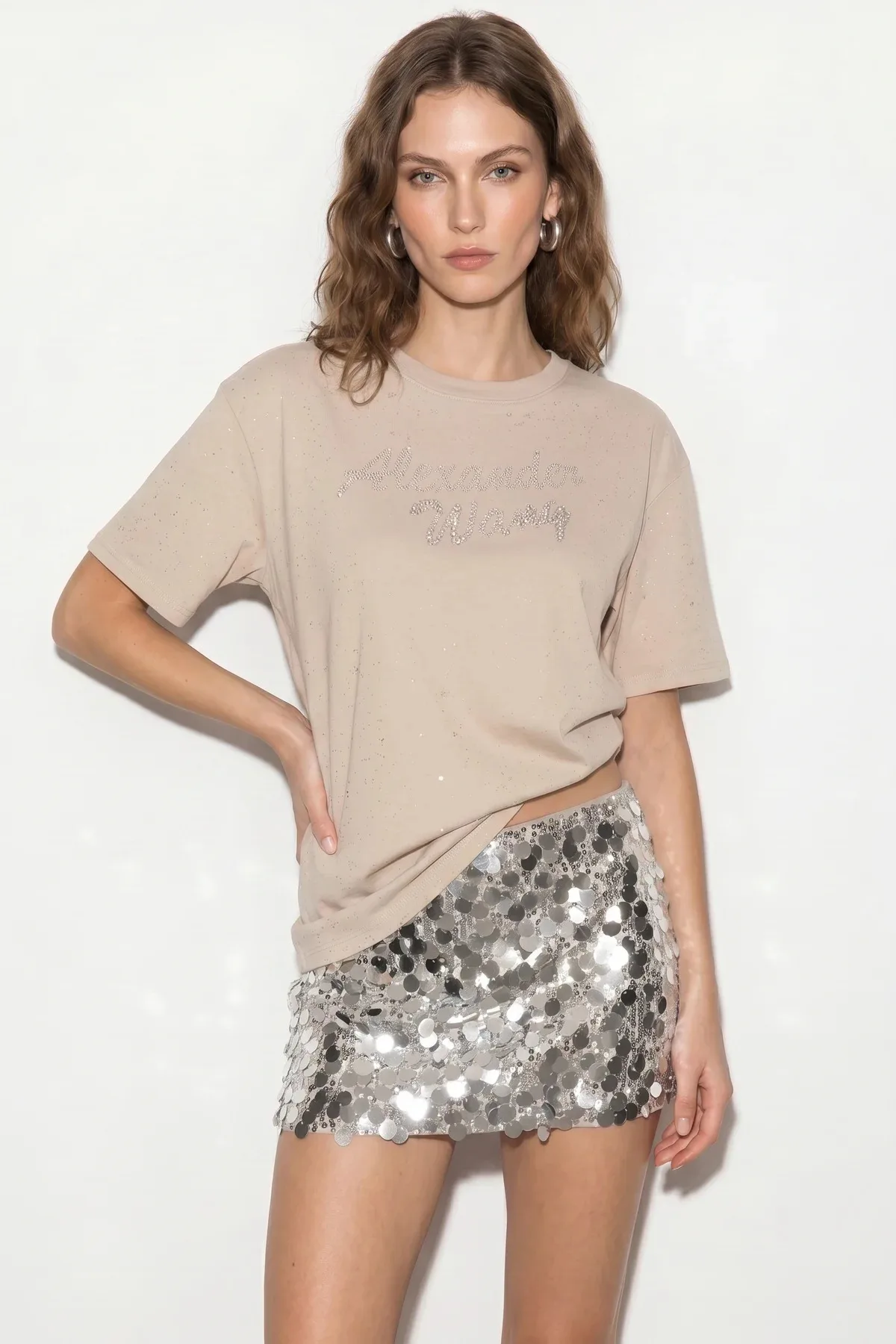 Kadın Simli Taş Yazı Baskılı Bisiklet Yaka Oversize Basic T Shirt Bej