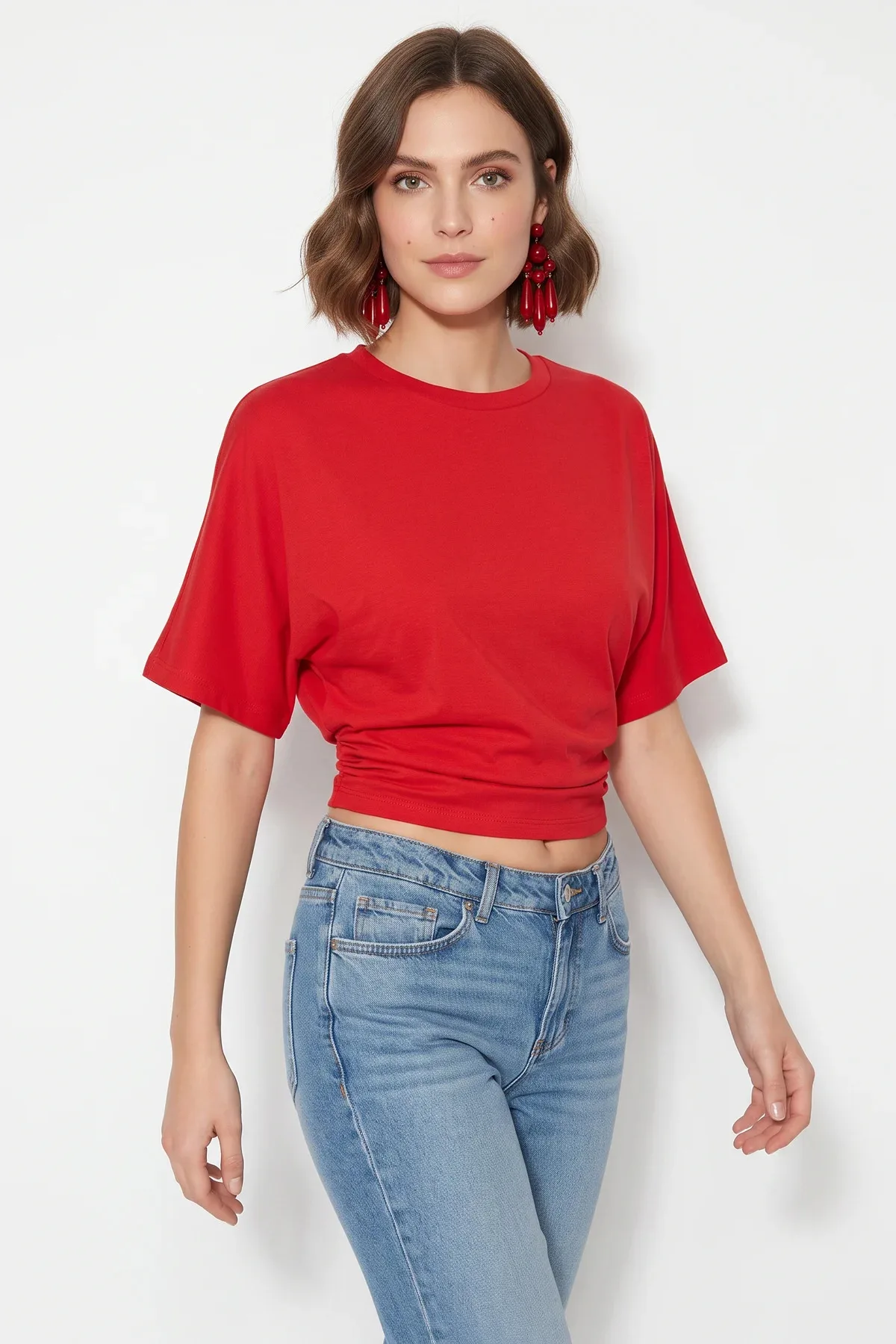 Kadın Beli Büzgülü Bisiklet Yaka T Shirt Kırmızı