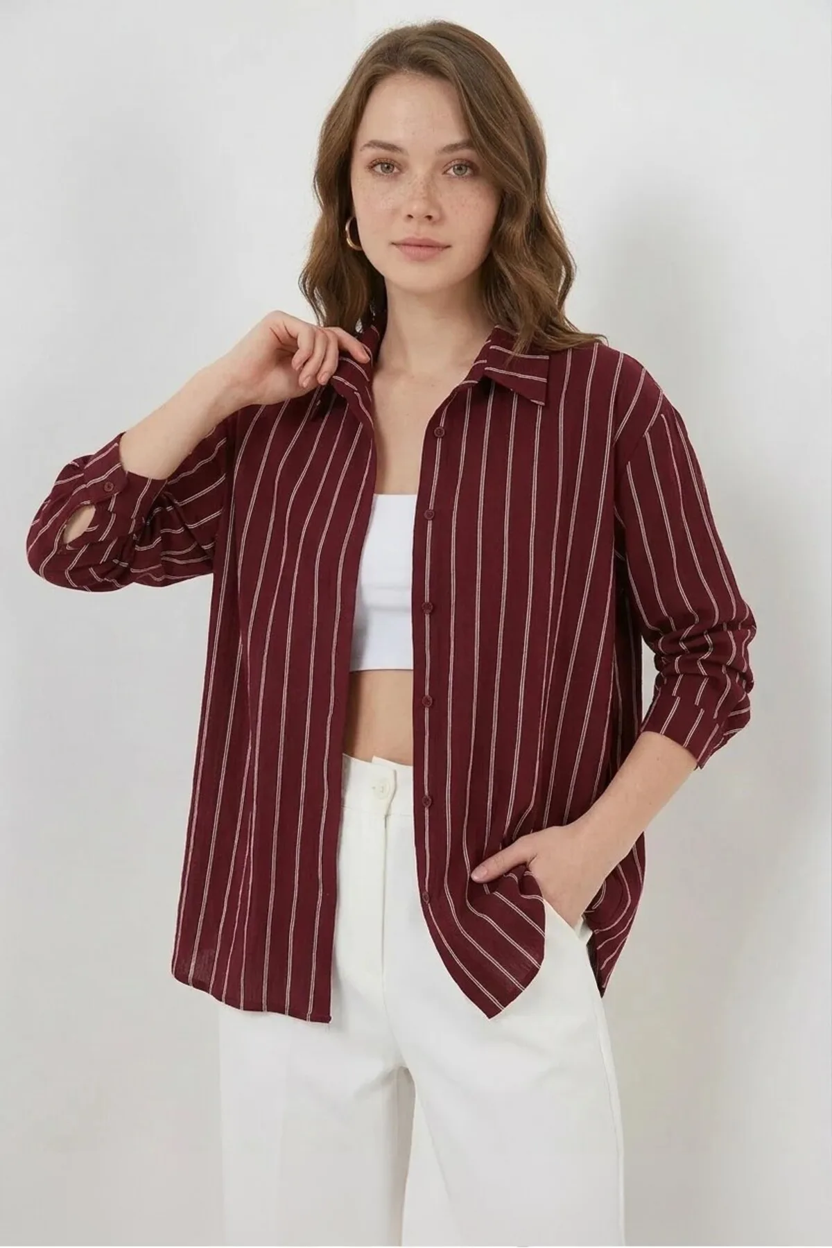 Kadın Oversize Çizgili Viskon Bordo Gömlek