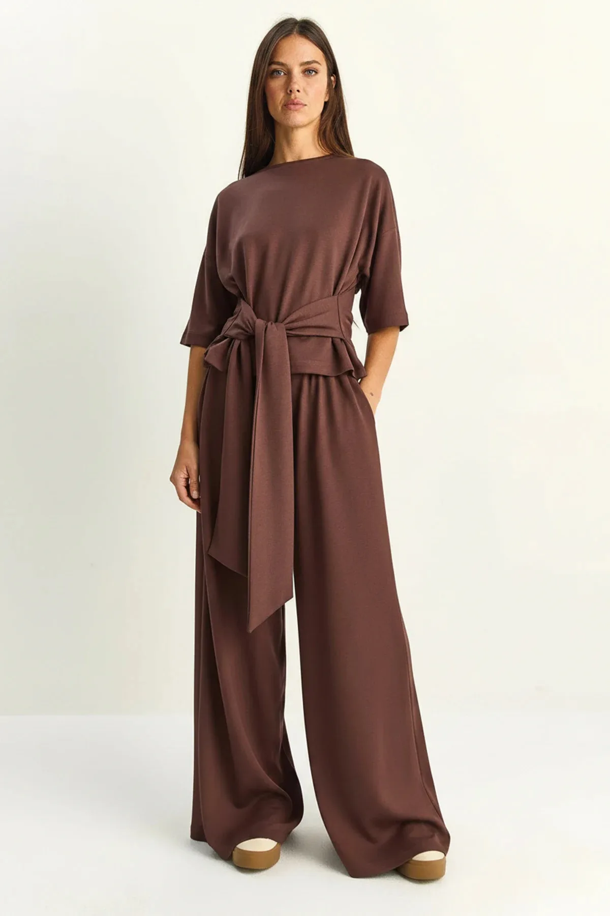 Kadın Belden Bağlamalı Basic T Shirt Bol Paça Pantolon Alt Üst Modal Acı Kahve Takım