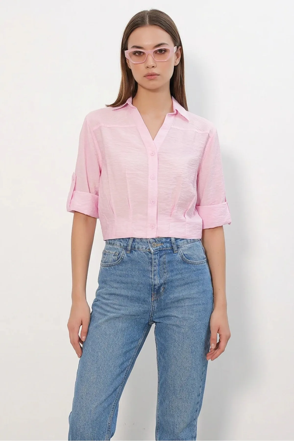 Kadın Crop Oversize Gömlek - Beyaz